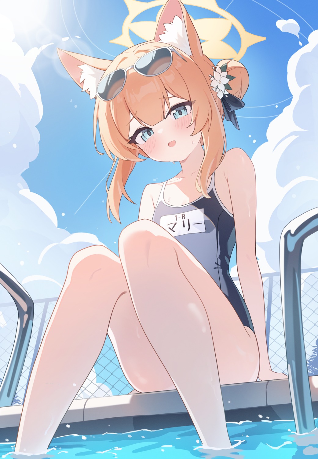 animal_ears blue_archive halo iochi_mari megane nekomimi nonddu school_swimsuit swimsuits wet