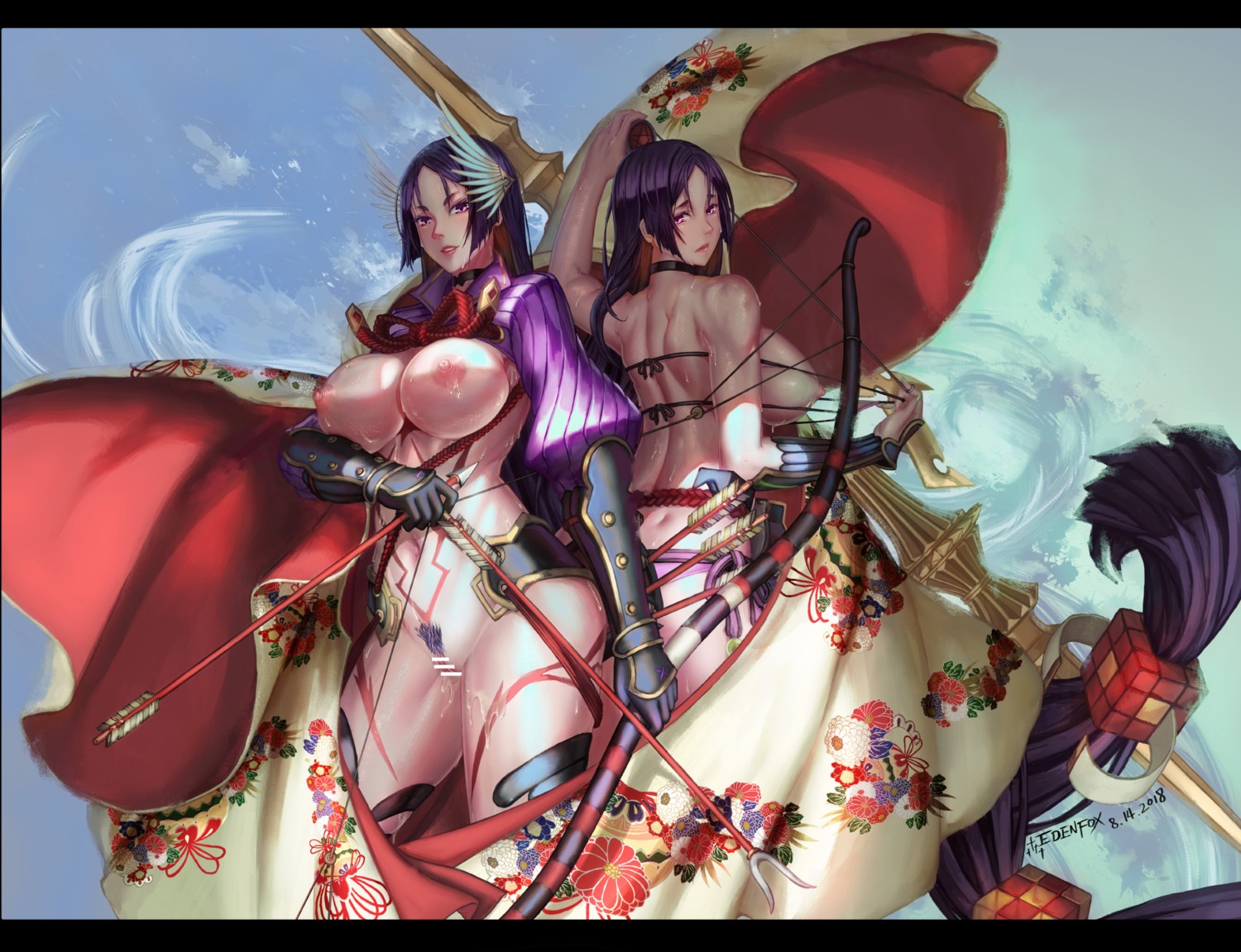 armor bottomless breasts censored edenfox fate/grand_order minamoto_no_raikou_(fate/grand_order) nipples no_bra pubic_hair pussy pussy_juice tattoo weapon