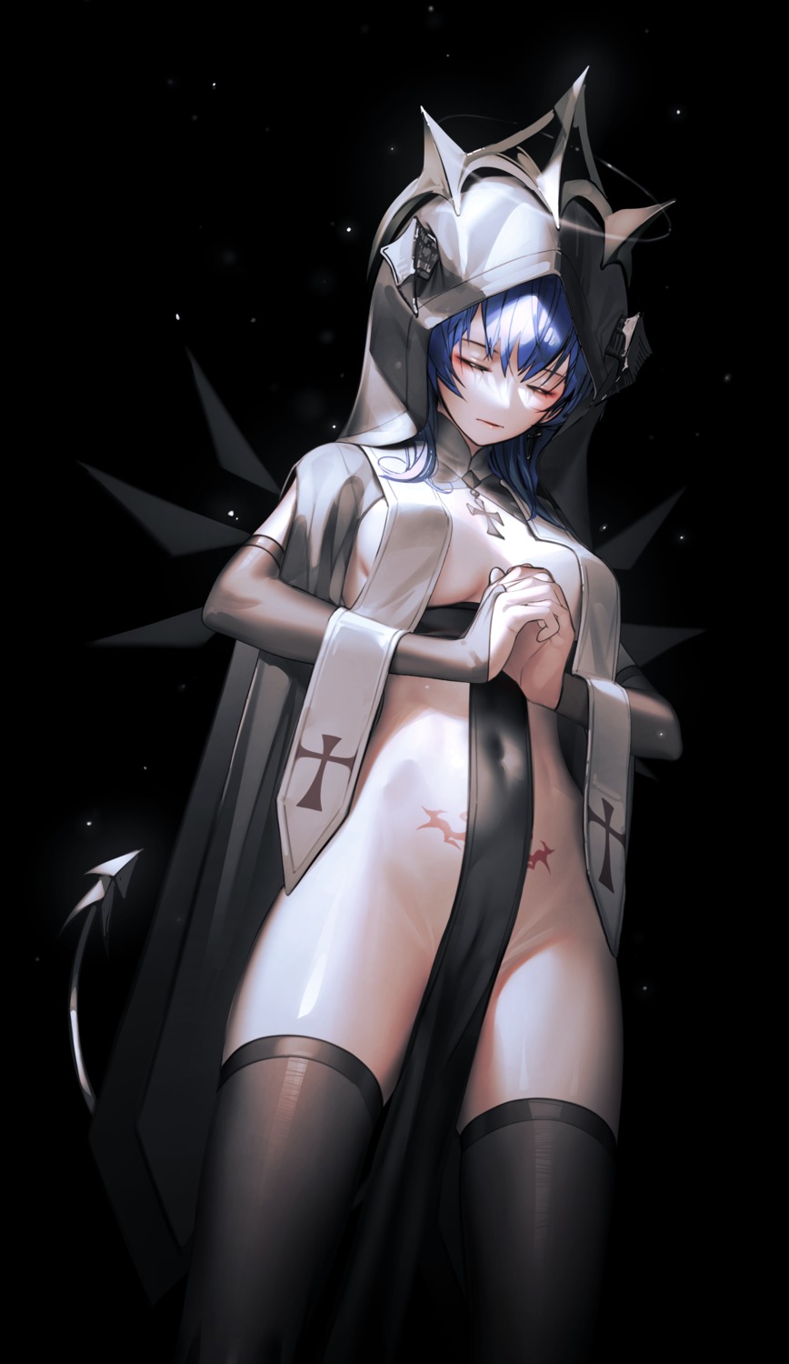 angel arknights cameltoe erect_nipples iumu mostima_(arknights) no_bra nopan nun tail tattoo thighhighs wings