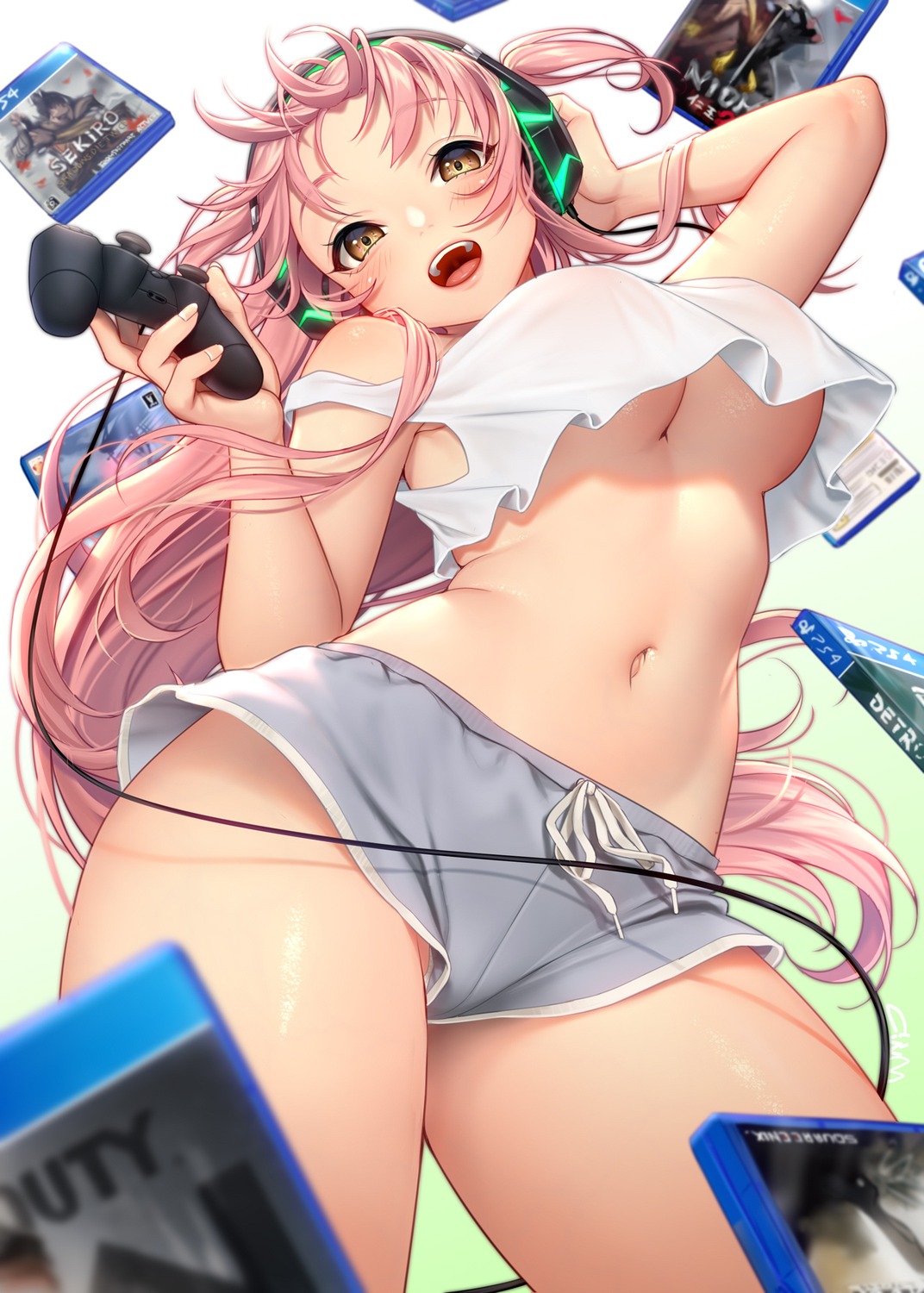 headphones masami_chie no_bra see_through shirt_lift underboob