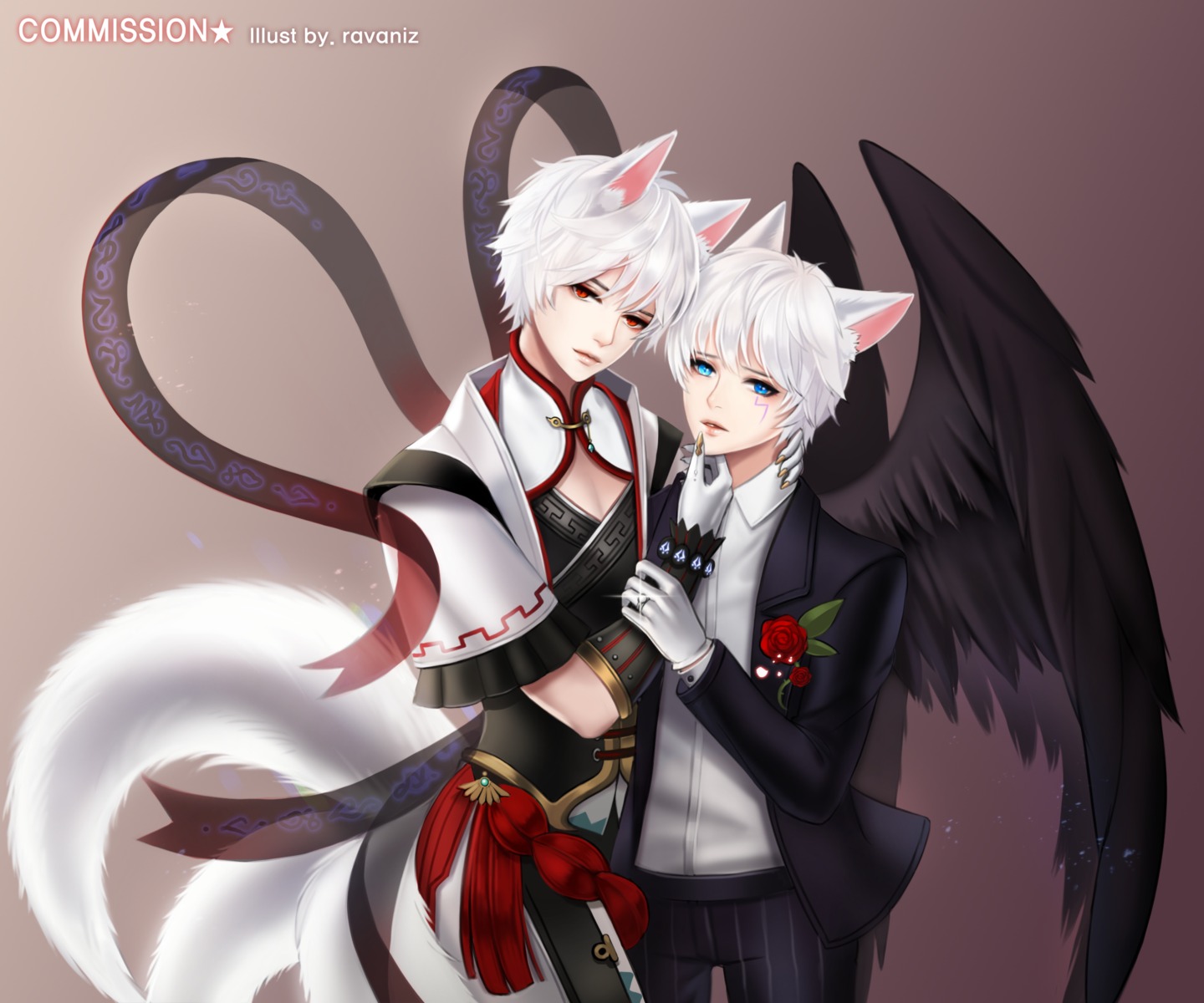 animal_ears business_suit elsword heterochromia male ravaniz tail wings