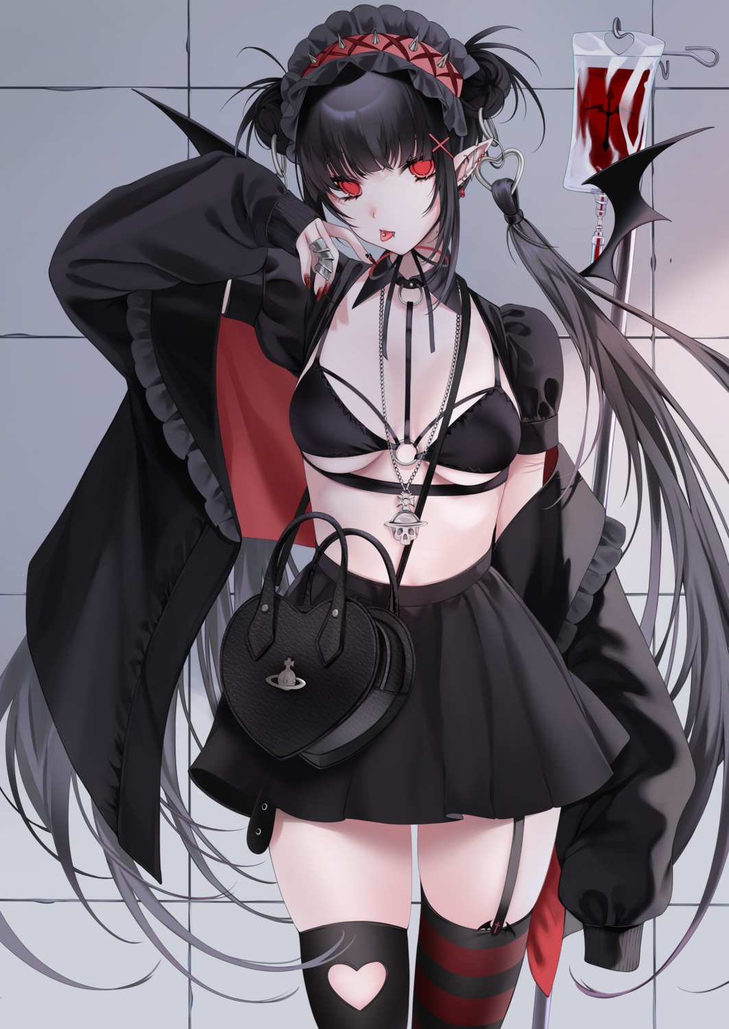 bikini_top blood gothic_lolita lolita_fashion ompf open_shirt pointy_ears stockings swimsuits thighhighs wings