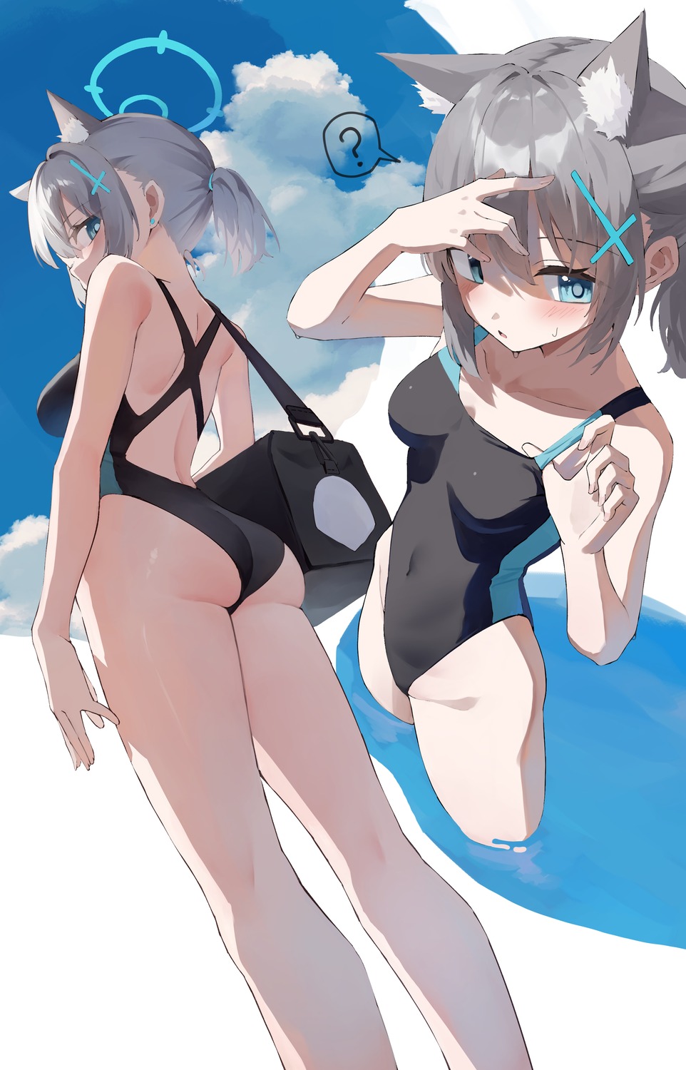 animal_ears ass blue_archive halo nekomimi shun'ya_(daisharin36) sunaookami_shiroko swimsuits wet