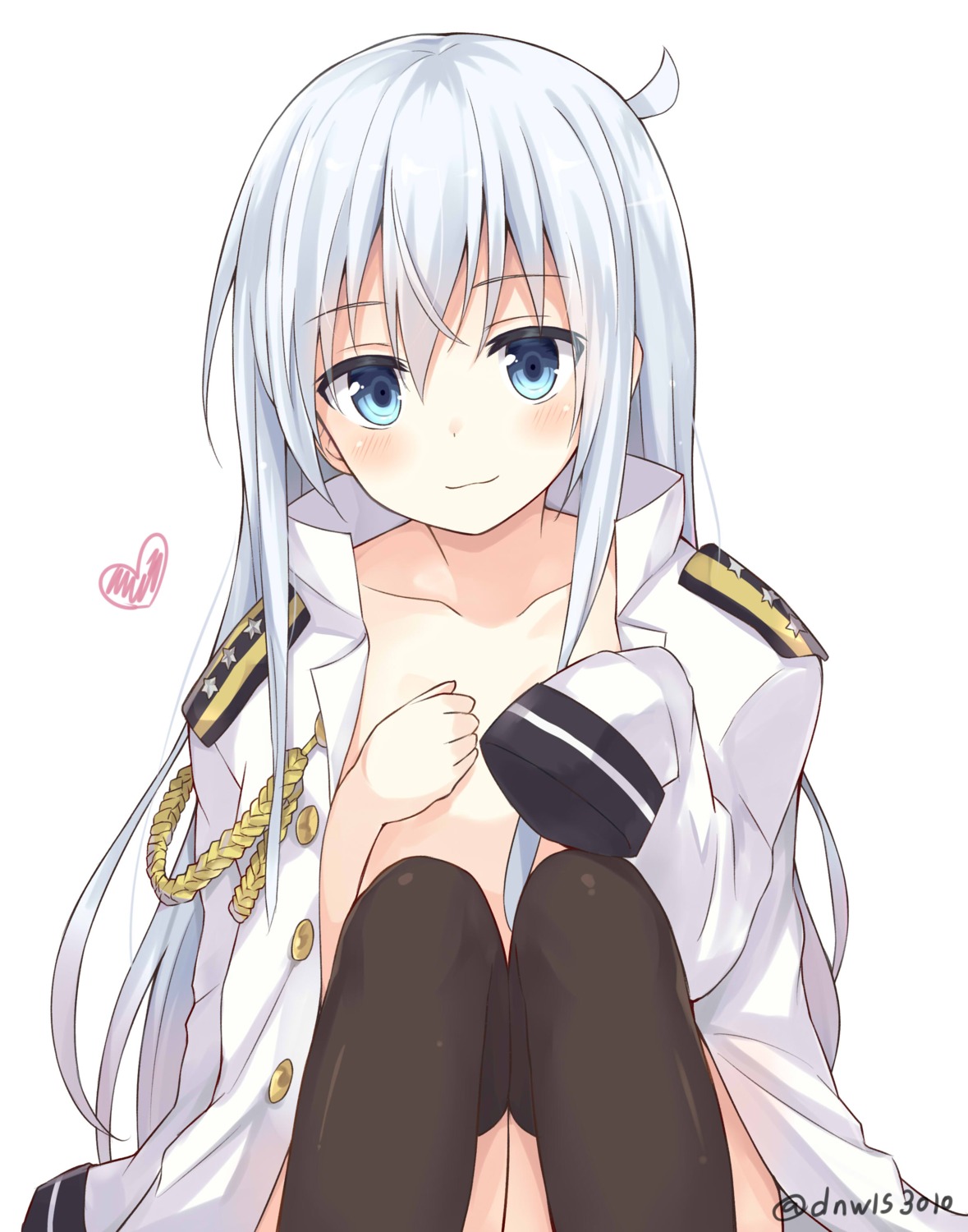 breast_hold hibiki_(kancolle) huwari_(dnwls3010) kantai_collection no_bra open_shirt thighhighs uniform