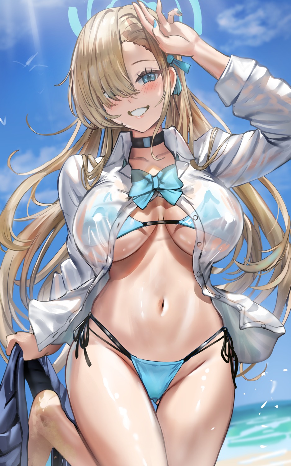 bikini blue_archive halo himoata ichinose_asuna see_through seifuku swimsuits wet_clothes