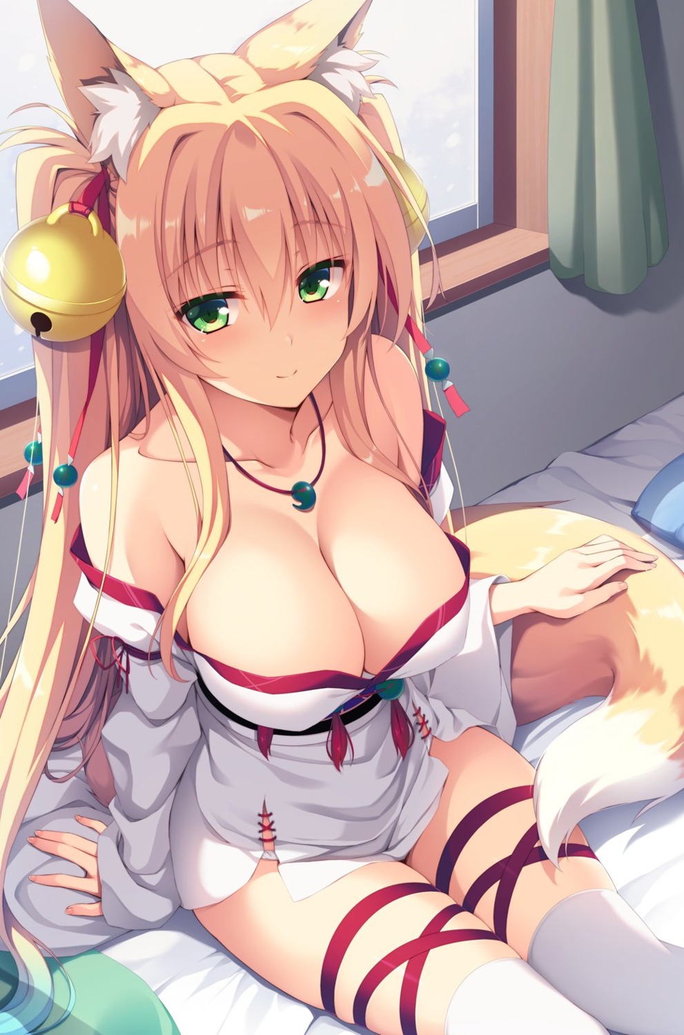 animal_ears garter izuna_(yuzuka) japanese_clothes kitsune no_bra open_shirt tail thighhighs yuzuka