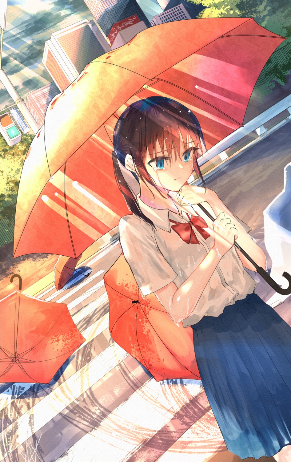 seifuku tsubameno umbrella wet wet_clothes