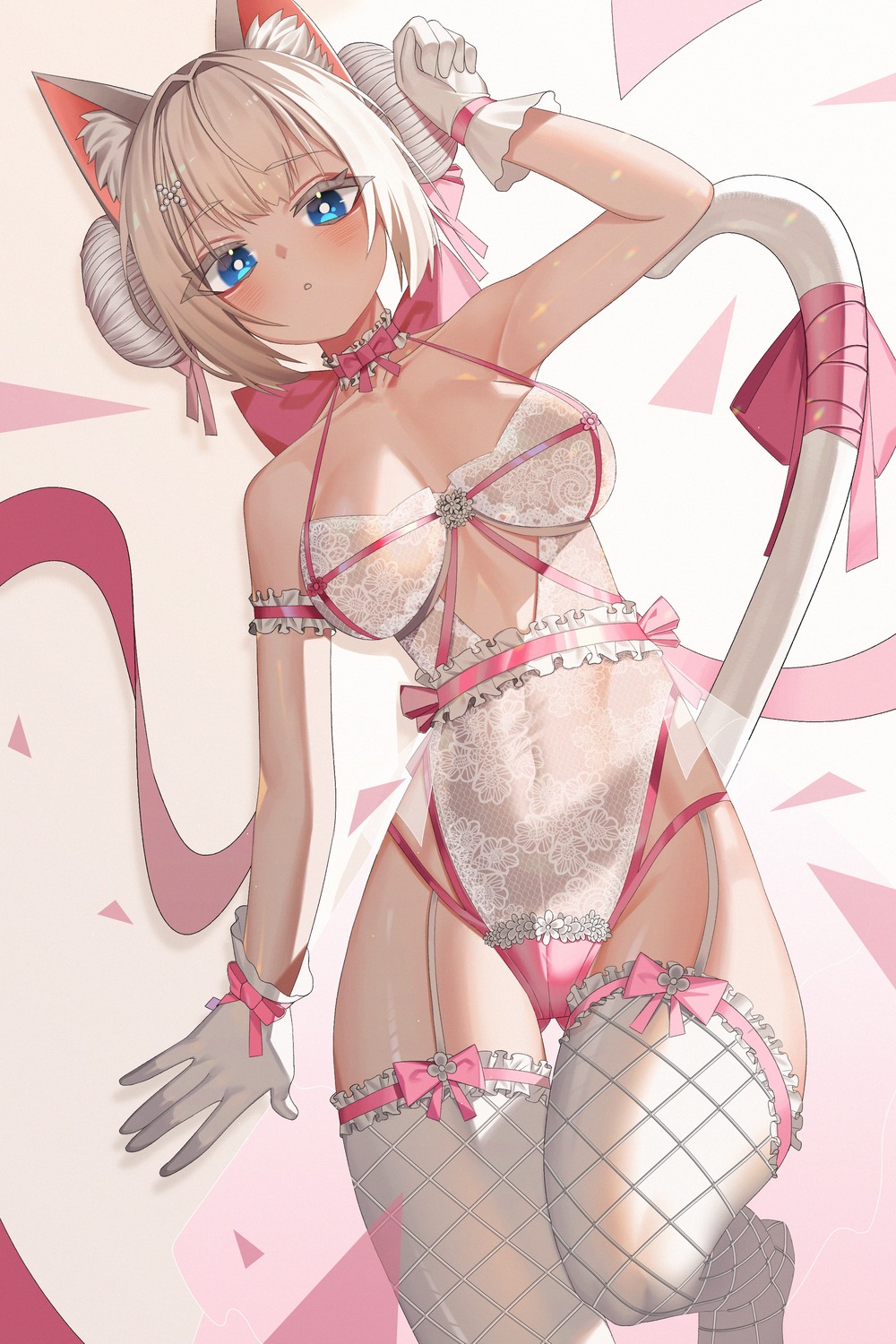 abeli animal_ears fishnets gimseol leotard lingerie nekomimi see_through stockings tail thighhighs