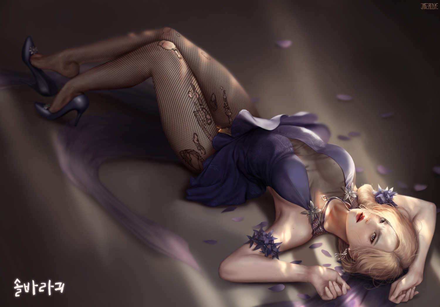 dress fishnets heels jagercoke no_bra pantyhose see_through skirt_lift torn_clothes