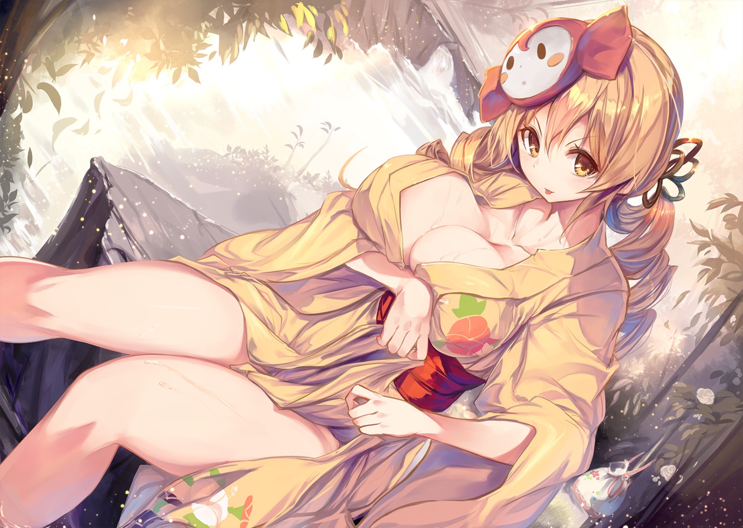 breast_hold cleavage fal_maro mahou_shoujo_madoka_magica no_bra open_shirt skirt_lift tomoe_mami wet yukata