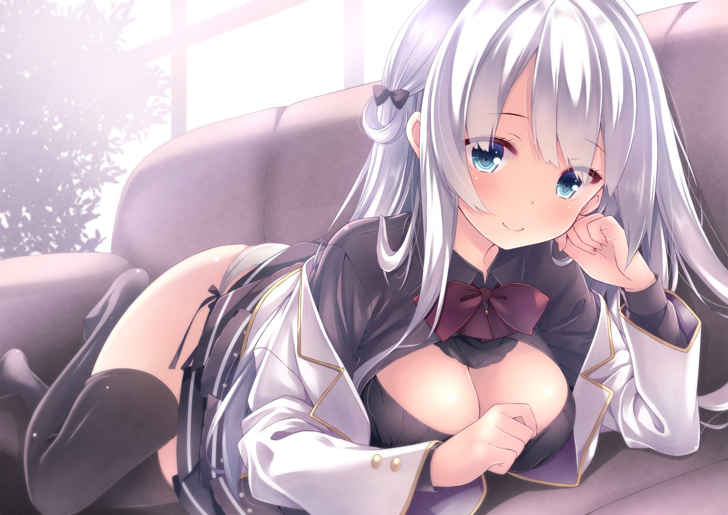 bra breast_hold cleavage open_shirt pantsu ryo_(botsugo) seifuku skirt_lift string_panties thighhighs