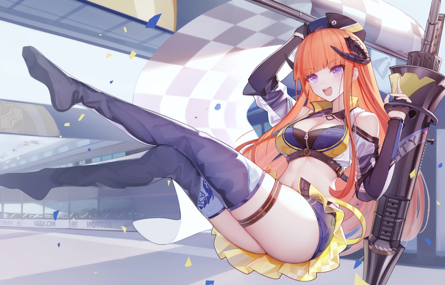 arknights bagpipe_(arknights) cleavage cyanide-whale feet garter horns thighhighs