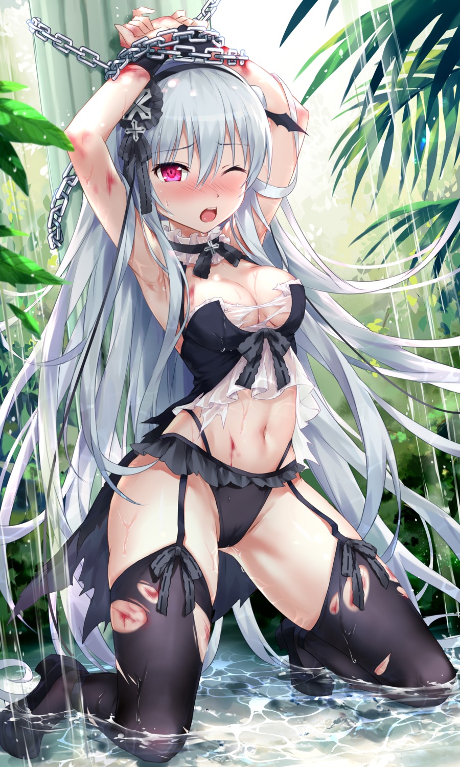 blood bondage cameltoe devil_heavens no_bra pantsu see_through shinigami_no_testament stockings thighhighs torn_clothes vivi_alhazerd wet