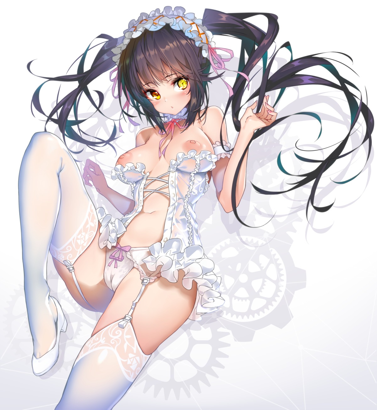 breasts cameltoe date_a_live date_a_live_fragment_date_a_bullet heels heterochromia hong_(white_spider) lingerie nipples no_bra pantsu see_through stockings thighhighs tokisaki_kurumi