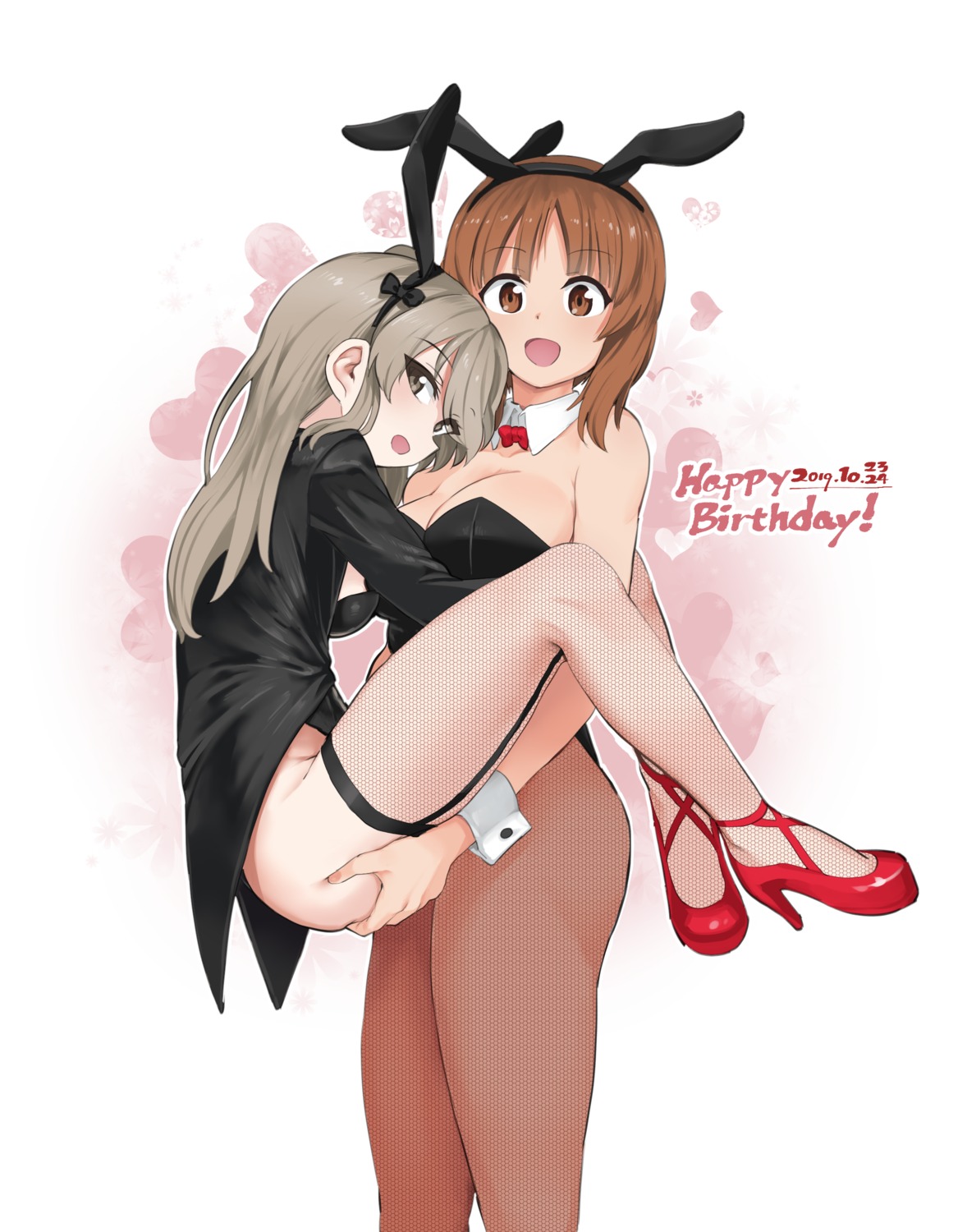 animal_ears aomushi_(mushamusha) ass_grab bunny_ears bunny_girl cleavage fishnets girls_und_panzer heels nishizumi_miho pantyhose shimada_arisu thighhighs