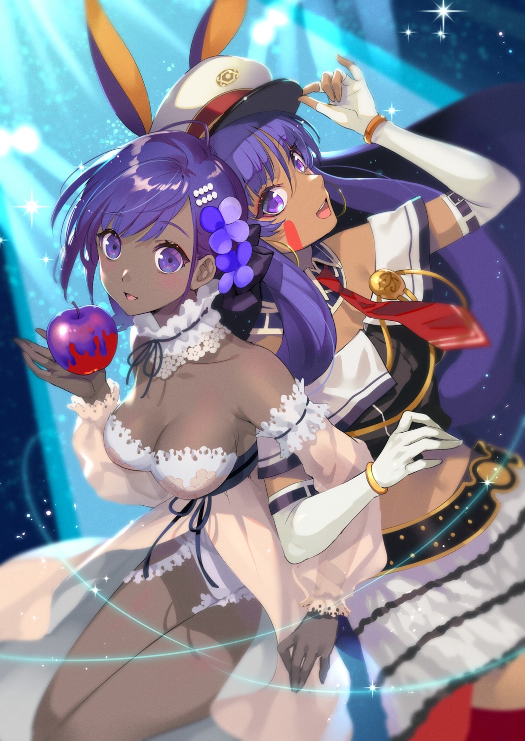 animal_ears dress erimo fate/grand_order hassan_of_serenity_(fate) nitocris_(fate/grand_order) no_bra skirt_lift uniform