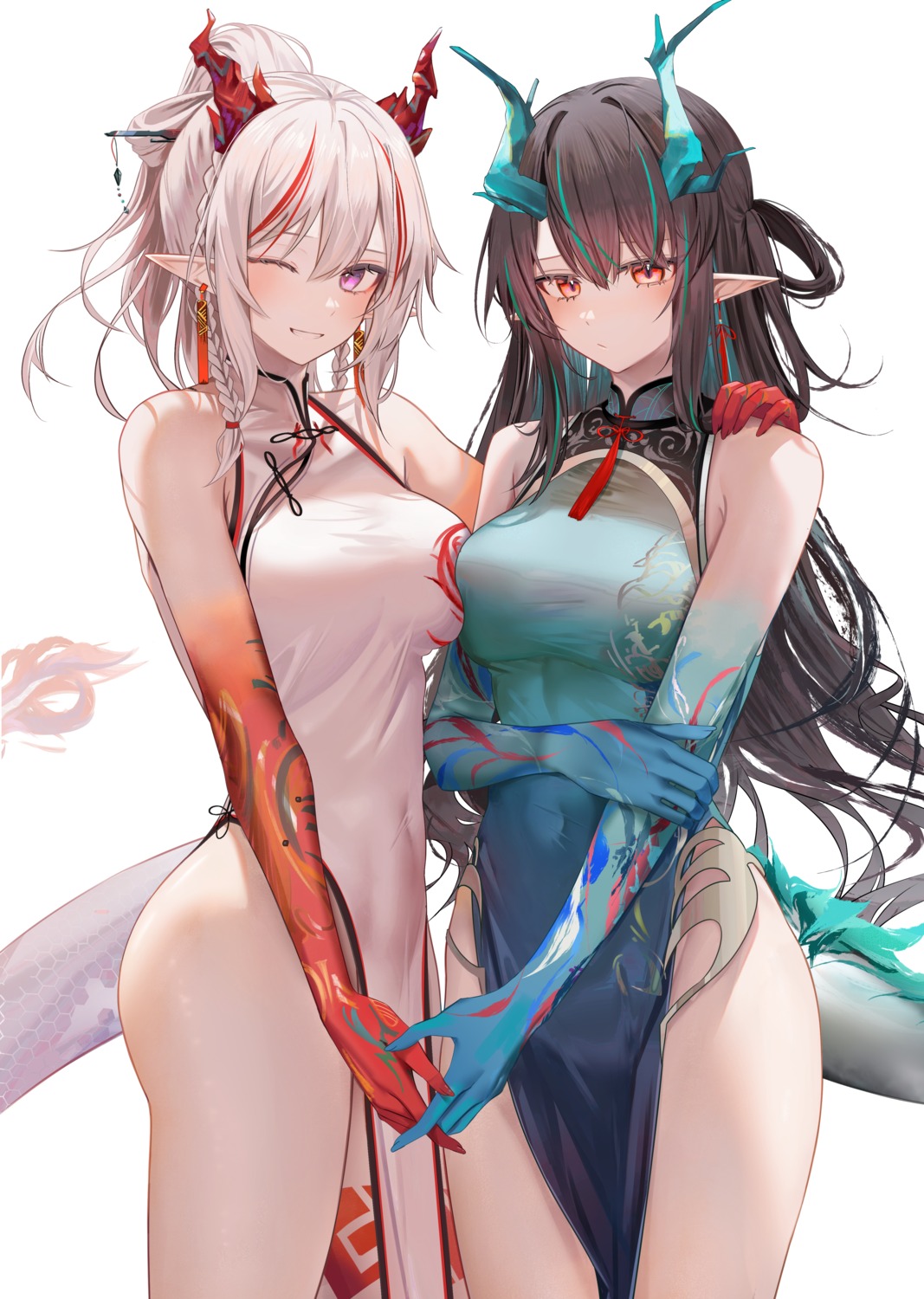 arknights chinadress dusk_(arknights) horns nian_(arknights) nopan pointy_ears ru_zhai symmetrical_docking tail tattoo