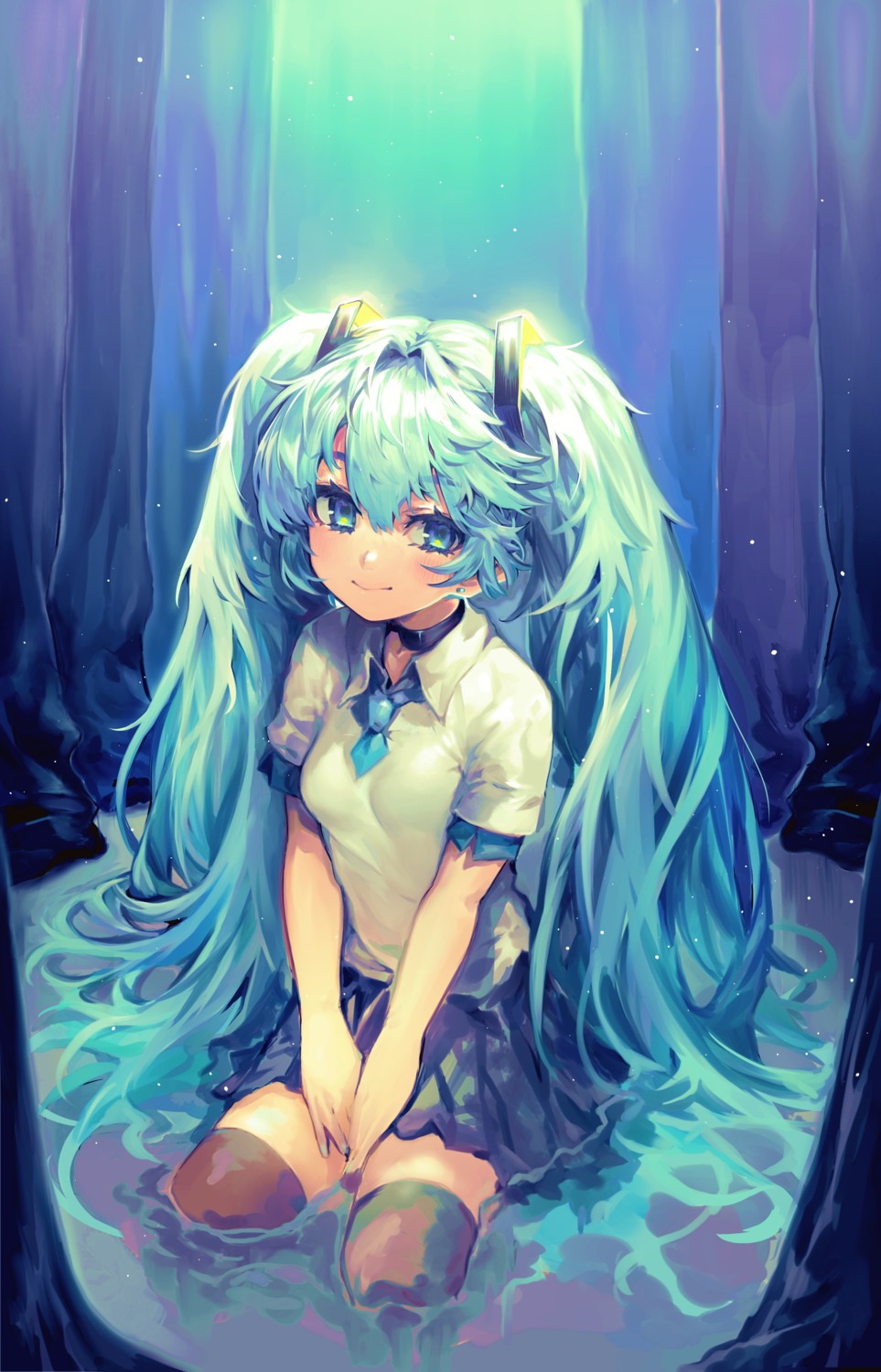 hatsune_miku maido_mido seifuku thighhighs vocaloid wet