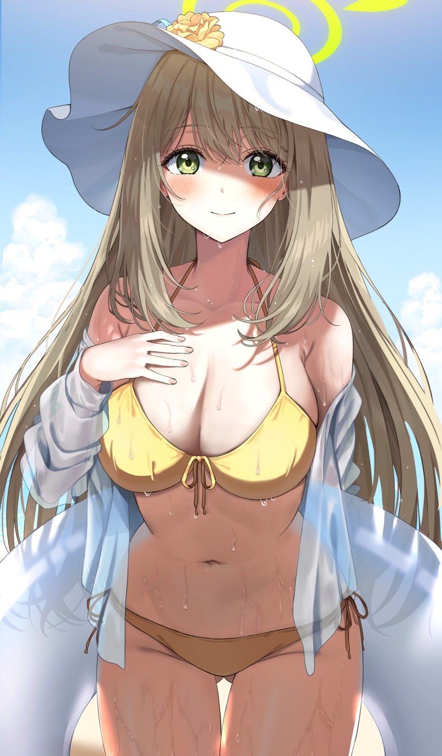 bikini blue_archive halo izayoi_nonomi ojyomu open_shirt see_through swimsuits wet