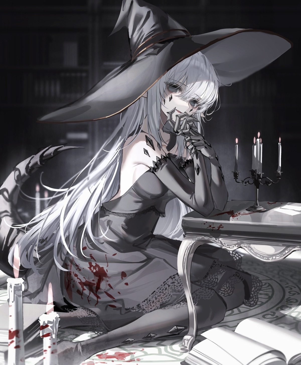 blood dress moduku no_bra pointy_ears tail witch