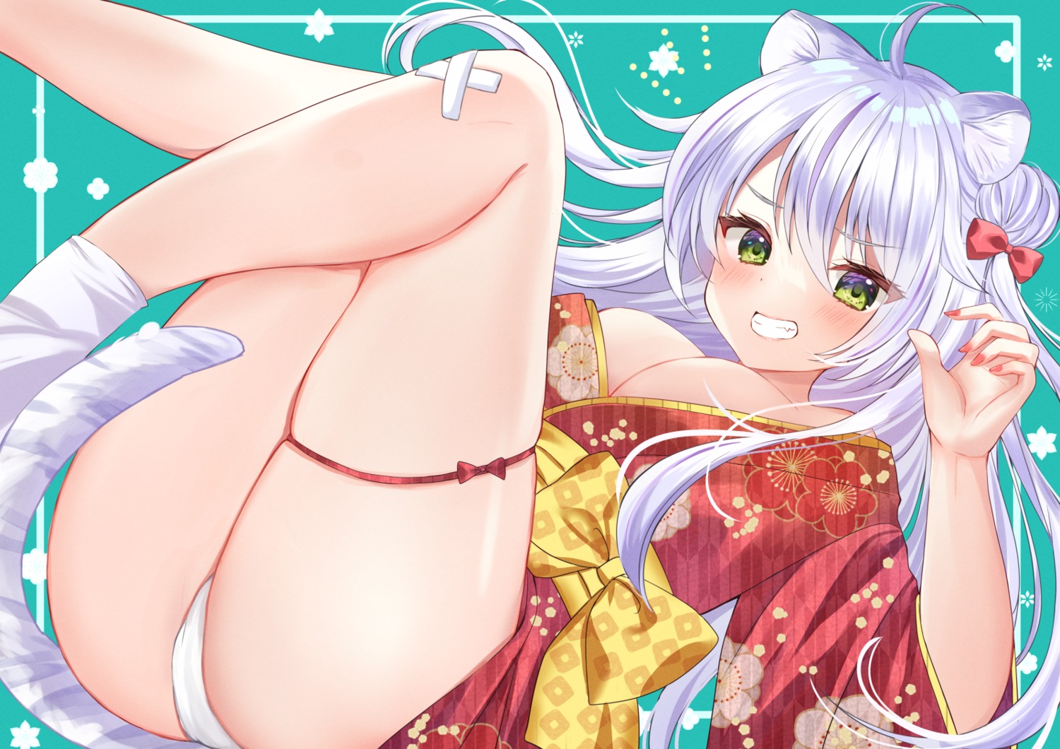 animal_ears bandaid cameltoe garter hamico kimono no_bra open_shirt pantsu skirt_lift tail thong wardrobe_malfunction