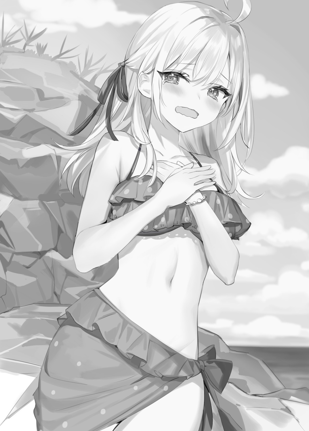 alisa_mikhailovna_kujou bikini breast_hold momoko_(momopoco) monochrome swimsuits tokidoki_bosotto_russia-go_de_dereru_tonari_no_alya-san