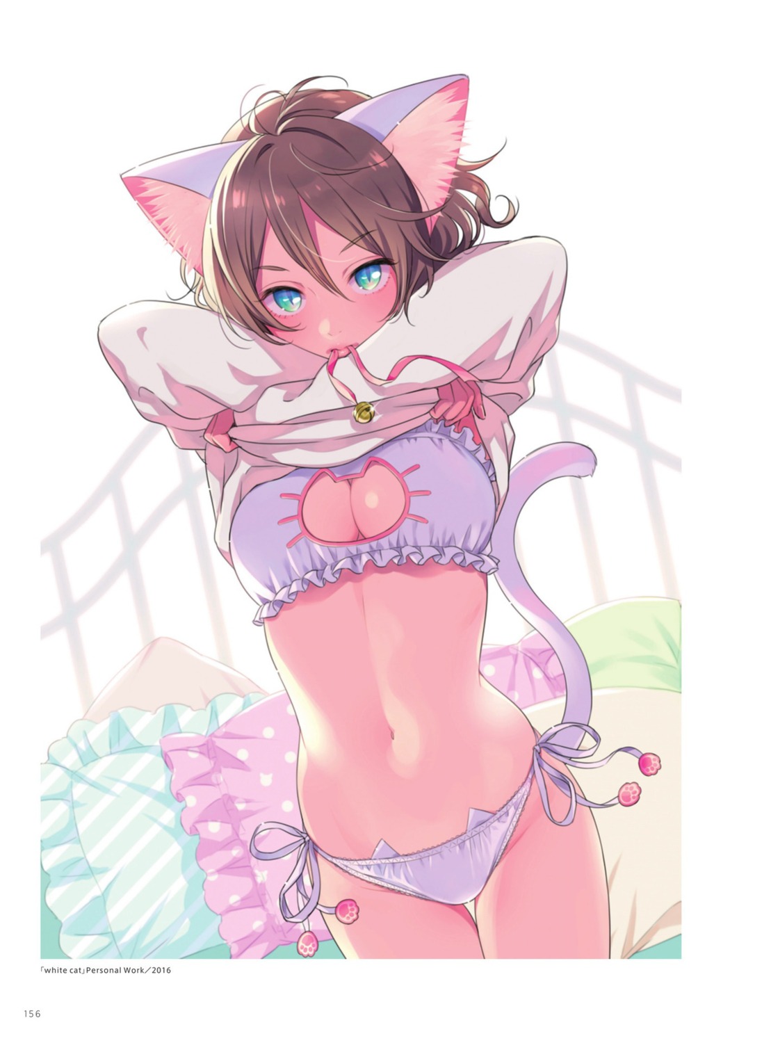 animal_ears bra cleavage morikura_en nekomimi pantsu shirt_lift string_panties tail undressing