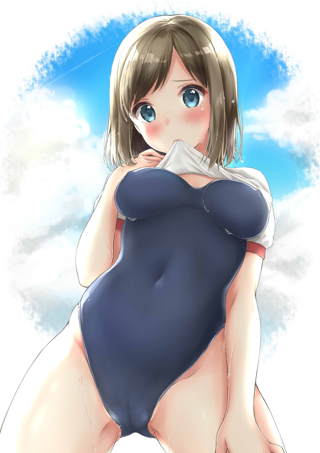 cameltoe erect_nipples gym_uniform mikujin_(mikuzin24) school_swimsuit shirt_lift swimsuits undressing wet wet_clothes