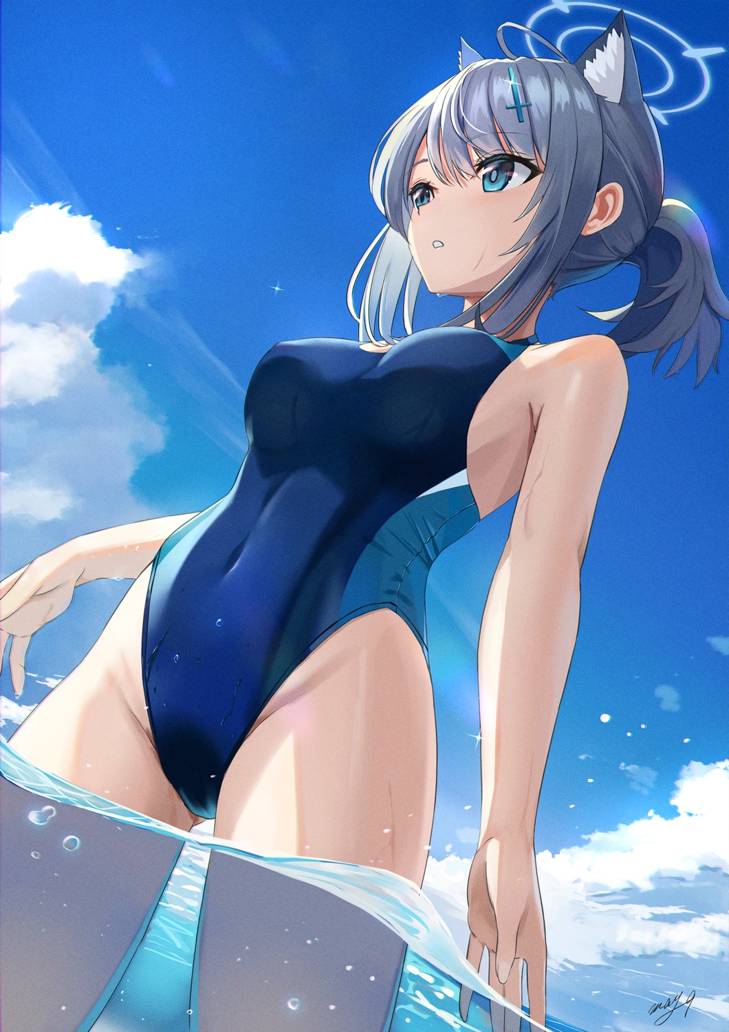 animal_ears blue_archive halo may9 nekomimi sunaookami_shiroko swimsuits wet