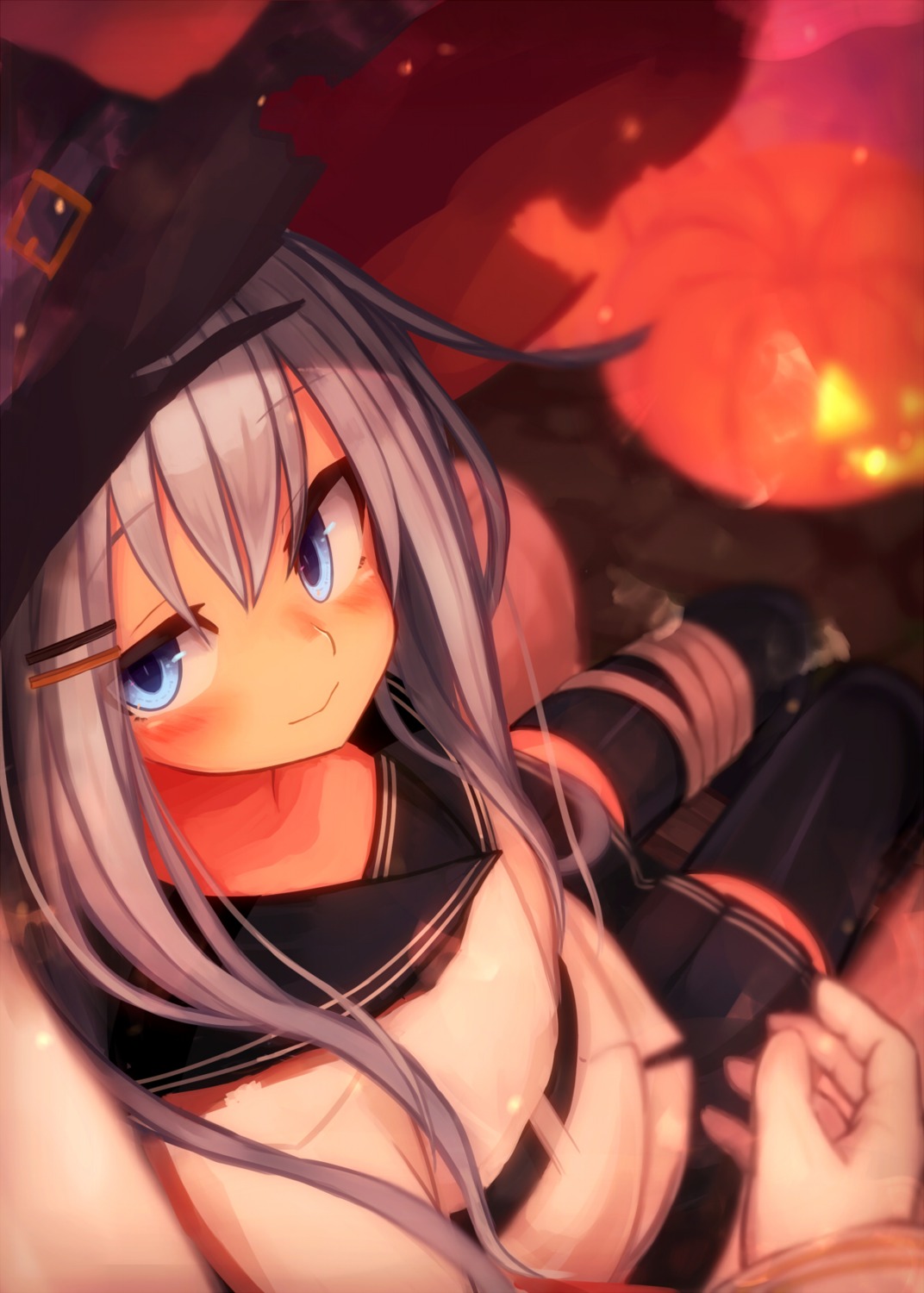 bandages halloween hibiki_(kancolle) kantai_collection reitou_mikan seifuku thighhighs verniy_(kancolle) witch