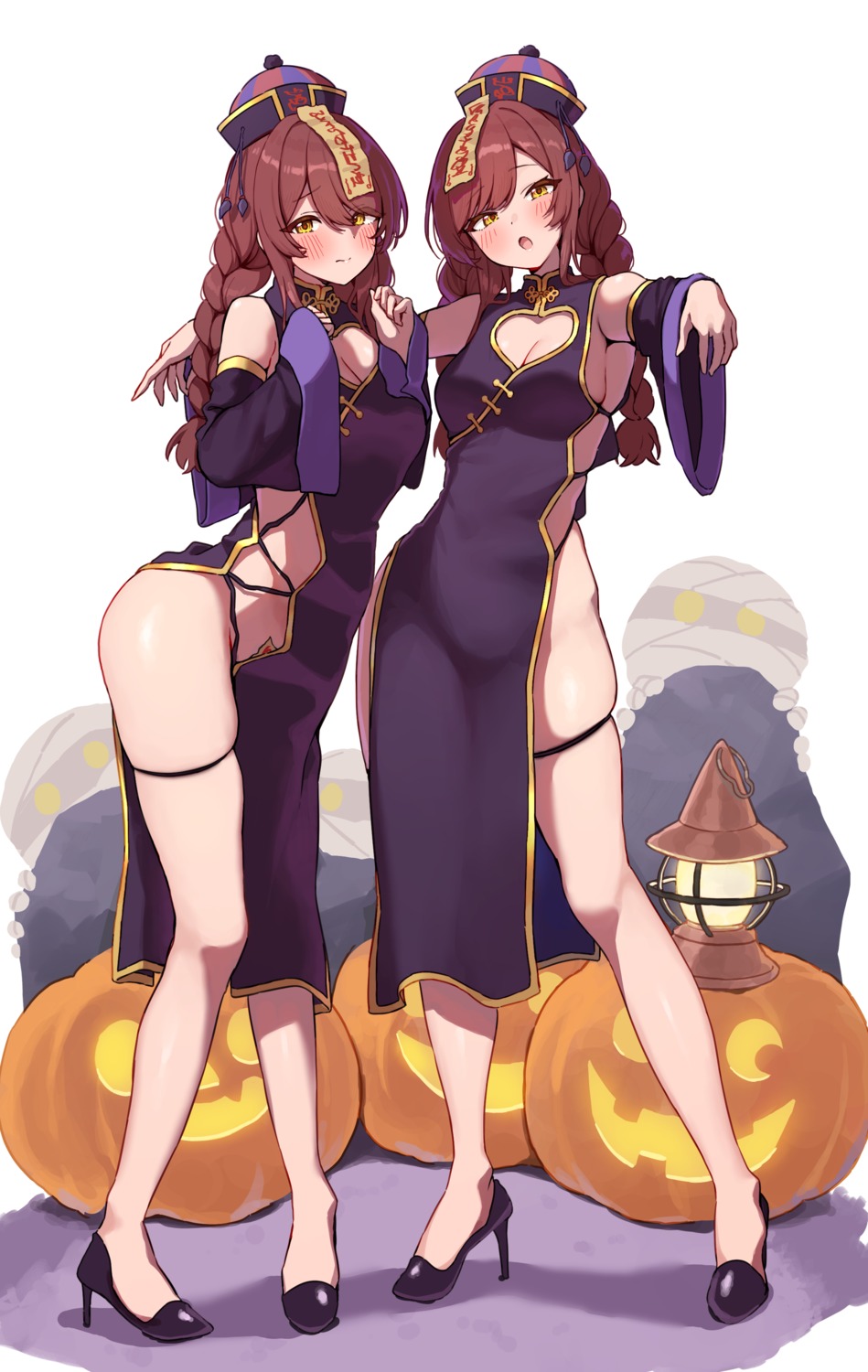 asian_clothes garter halloween heels maebari nopan oosaki_amana oosaki_tenka the_idolm@ster the_idolm@ster_shiny_colors wanimaru