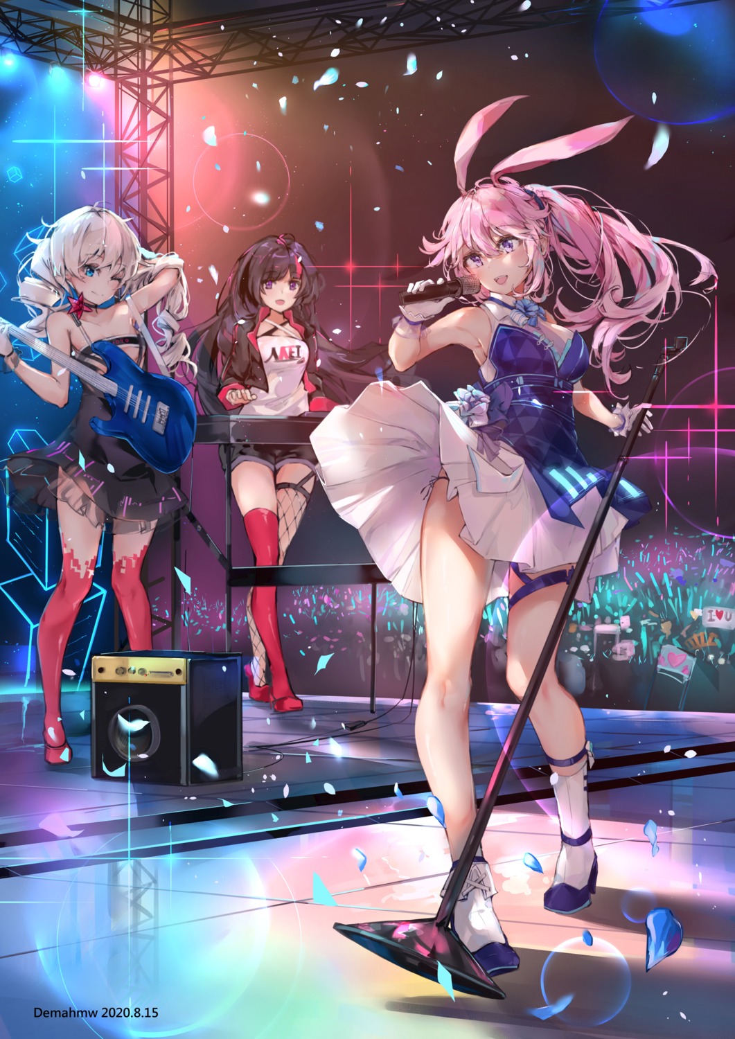 animal_ears benghuai_xueyuan bunny_ears dema_hmw dress fishnets garter guitar heels honkai_impact kiana_kaslana no_bra pantsu raiden_mei see_through skirt_lift stockings string_panties thighhighs yae_sakura_(benghuai_xueyuan)