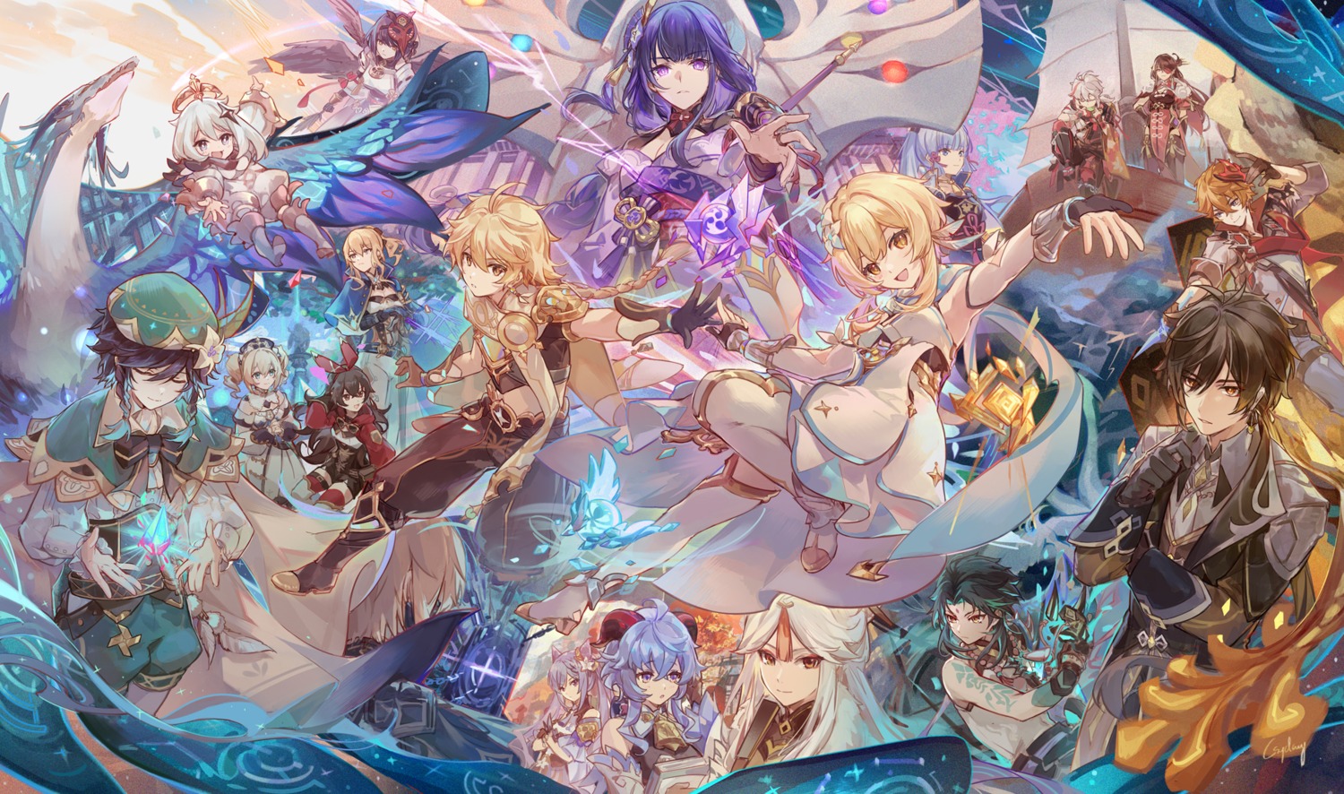 aether amber_(genshin_impact) asian_clothes barbara_(genshin_impact) beidou csyday dainsleif dress eyepatch ganyu genshin_impact horns japanese_clothes jean_(genshin_impact) kaedehara_kazuha kamisato_ayaka keqing kujou_sara lumine monster ningguang paimon raiden_shogun tartaglia thighhighs venti wings xiao zhongli