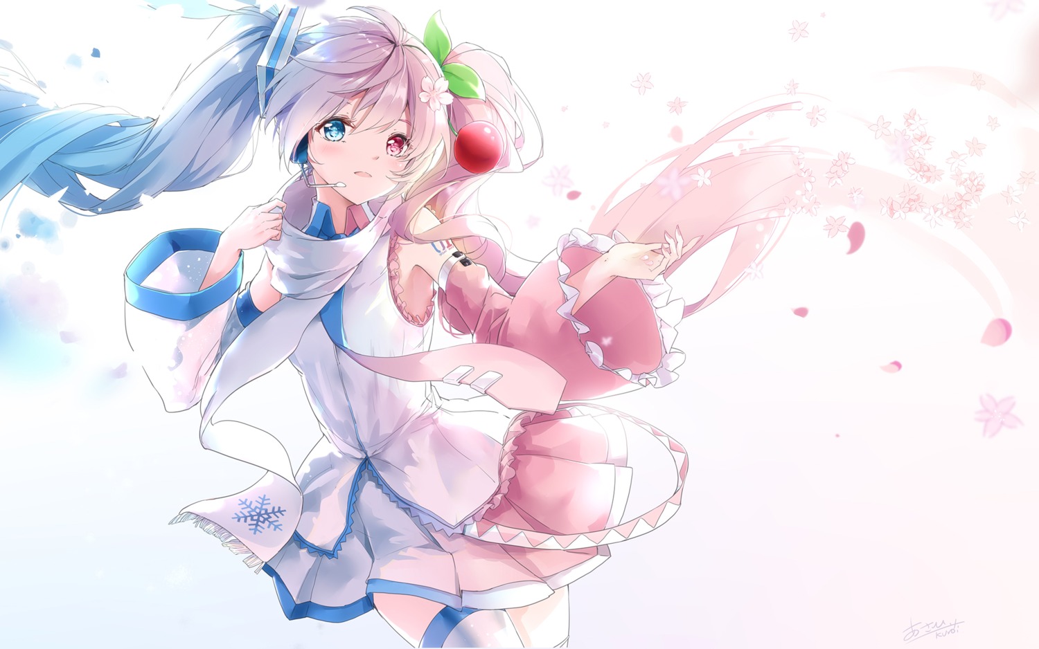 asahi_kuroi hatsune_miku headphones heterochromia sakura_miku thighhighs vocaloid yuki_miku