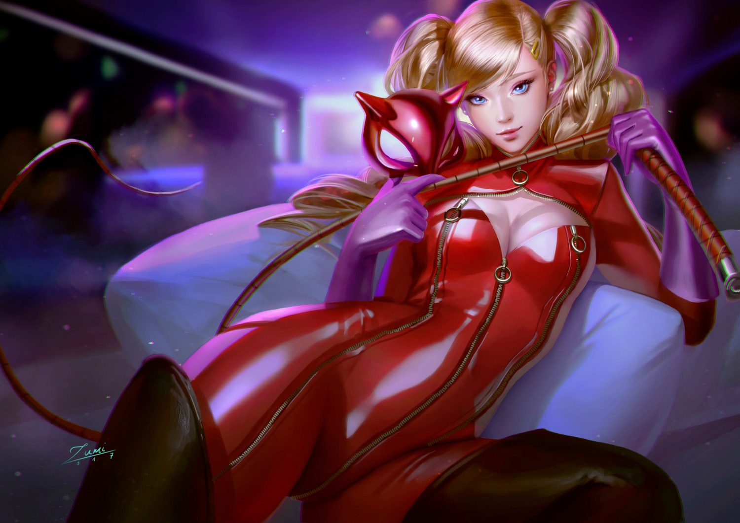 bodysuit cleavage megaten official_watermark open_shirt persona persona_5 takamaki_anne weapon zumi_(zumidraws)