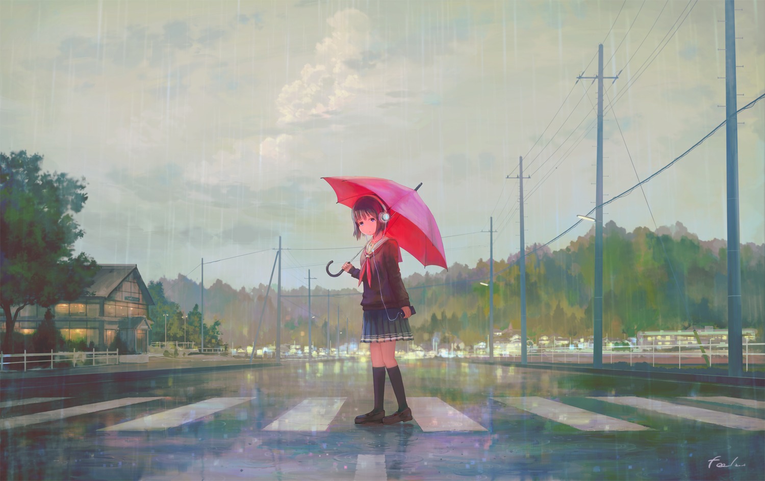 feel_(nasitaki) headphones landscape seifuku sweater umbrella