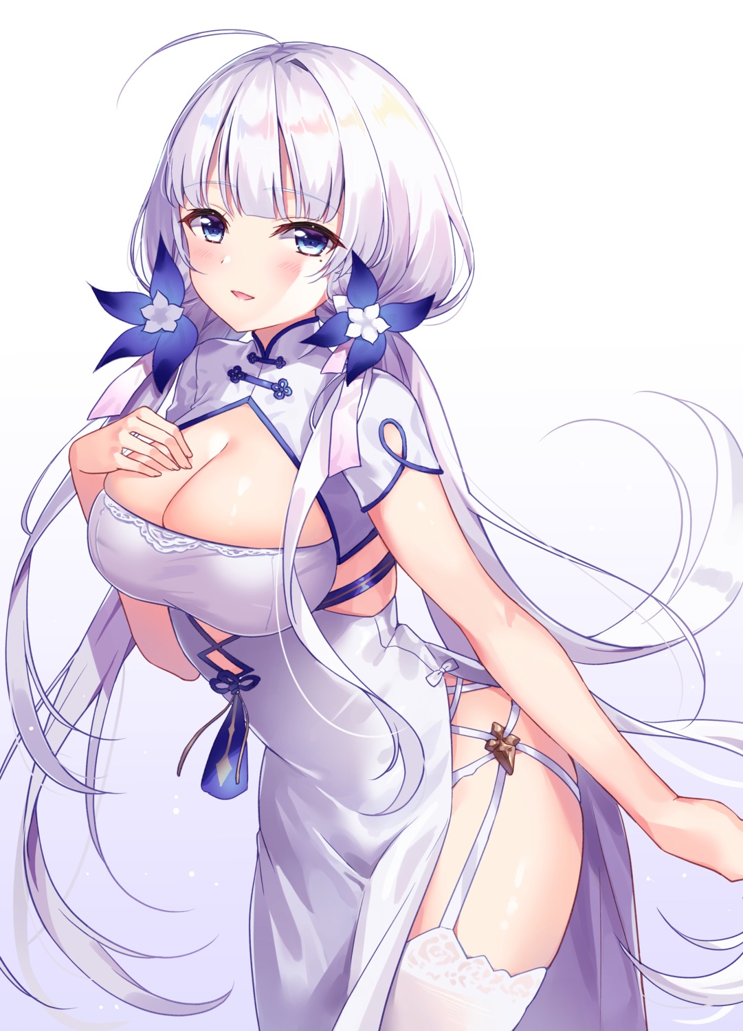 azur_lane breast_hold chinadress illustrious_(azur_lane) nopan siooooono stockings thighhighs