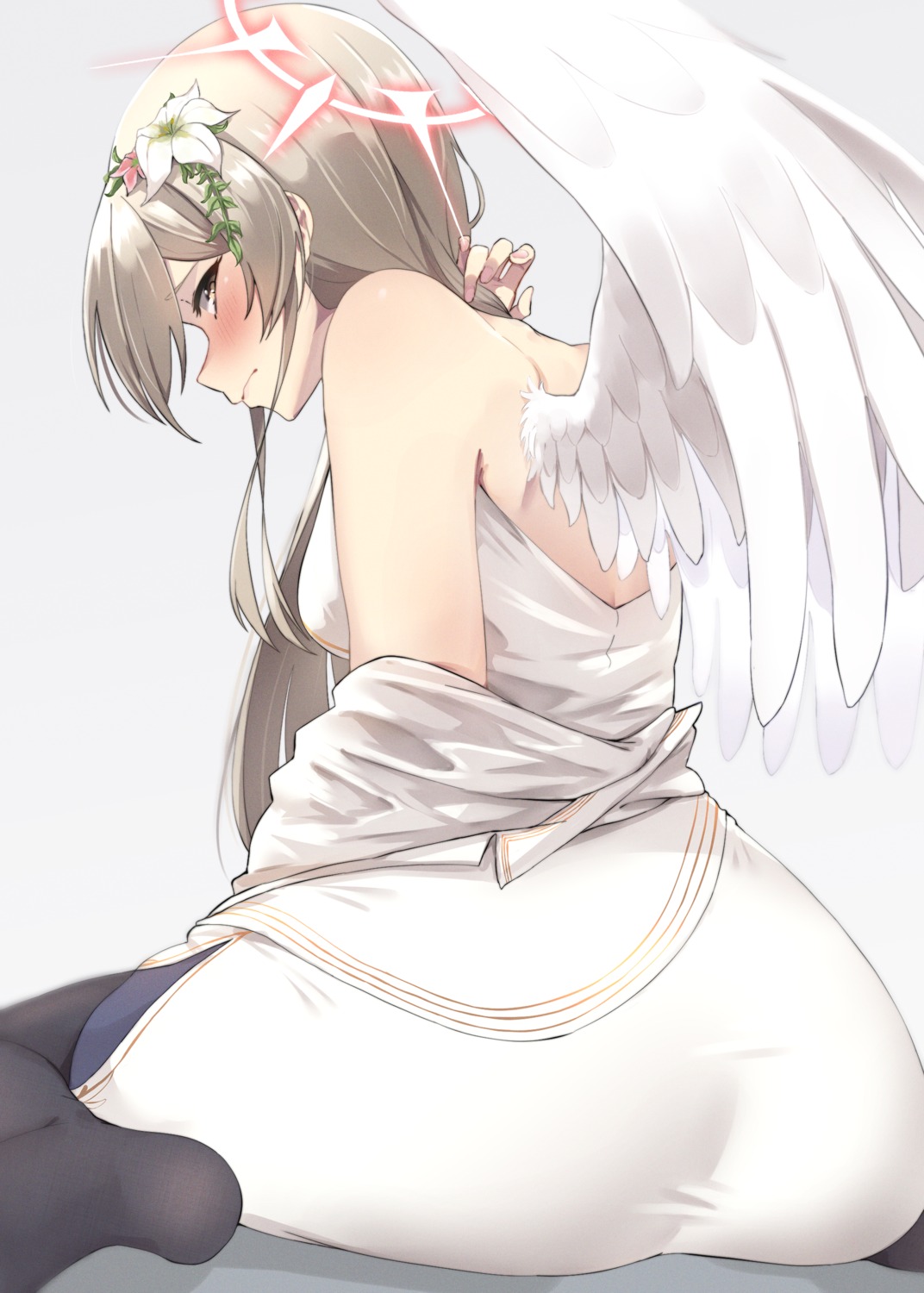 96nokimihito angel ass blue_archive dress kirifuji_nagisa no_bra pantyhose wings