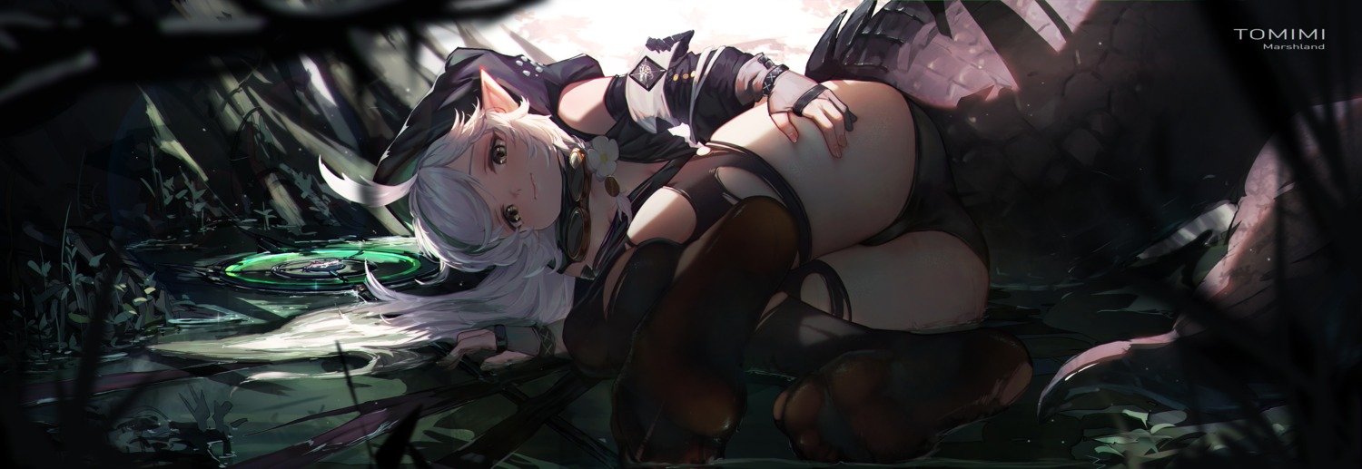 arknights ass icecake pantsu pointy_ears tail thighhighs tomimi_(arknights) torn_clothes
