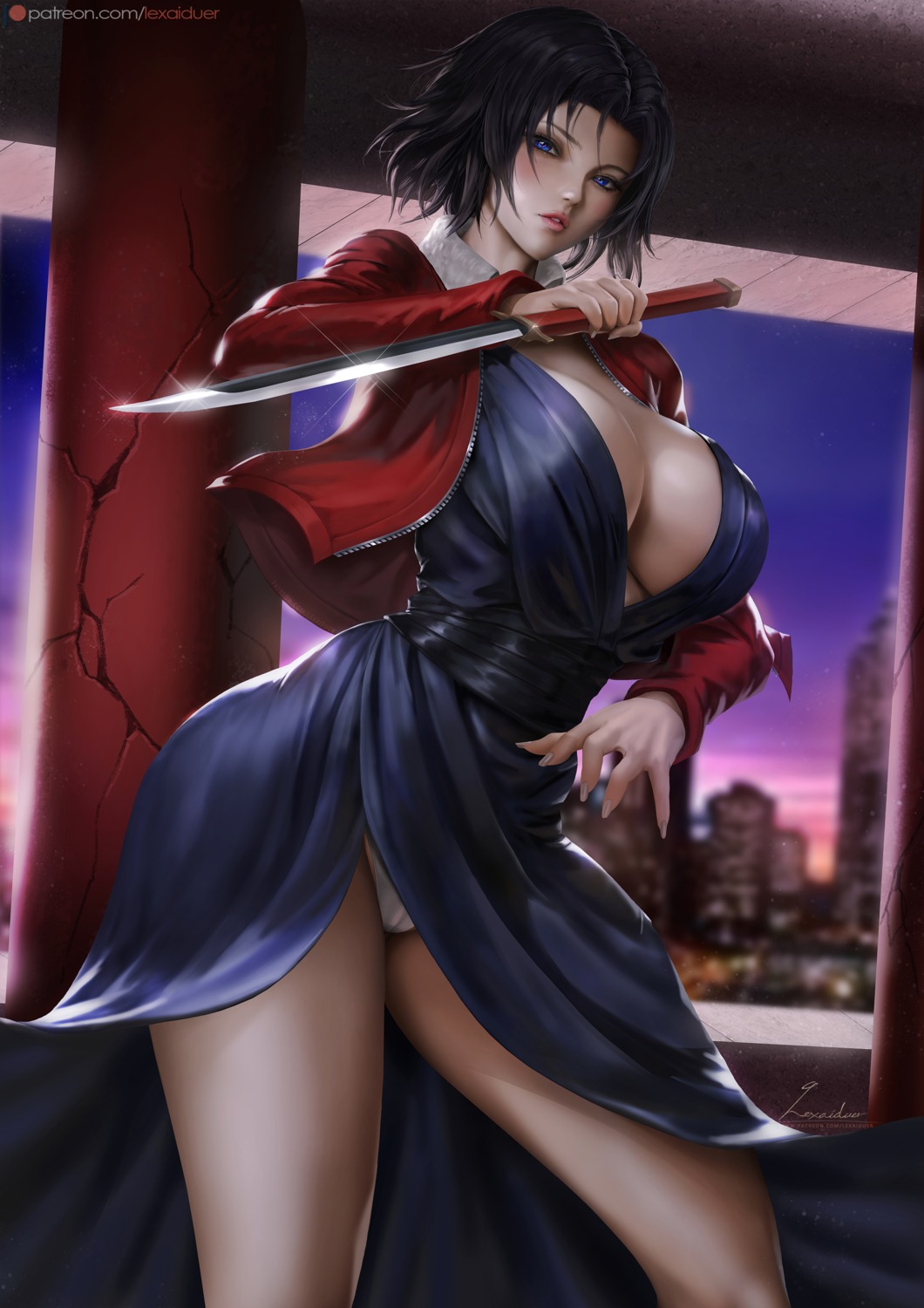 cameltoe cleavage dress kara_no_kyoukai lexaiduer no_bra open_shirt pantsu ryougi_shiki skirt_lift sword