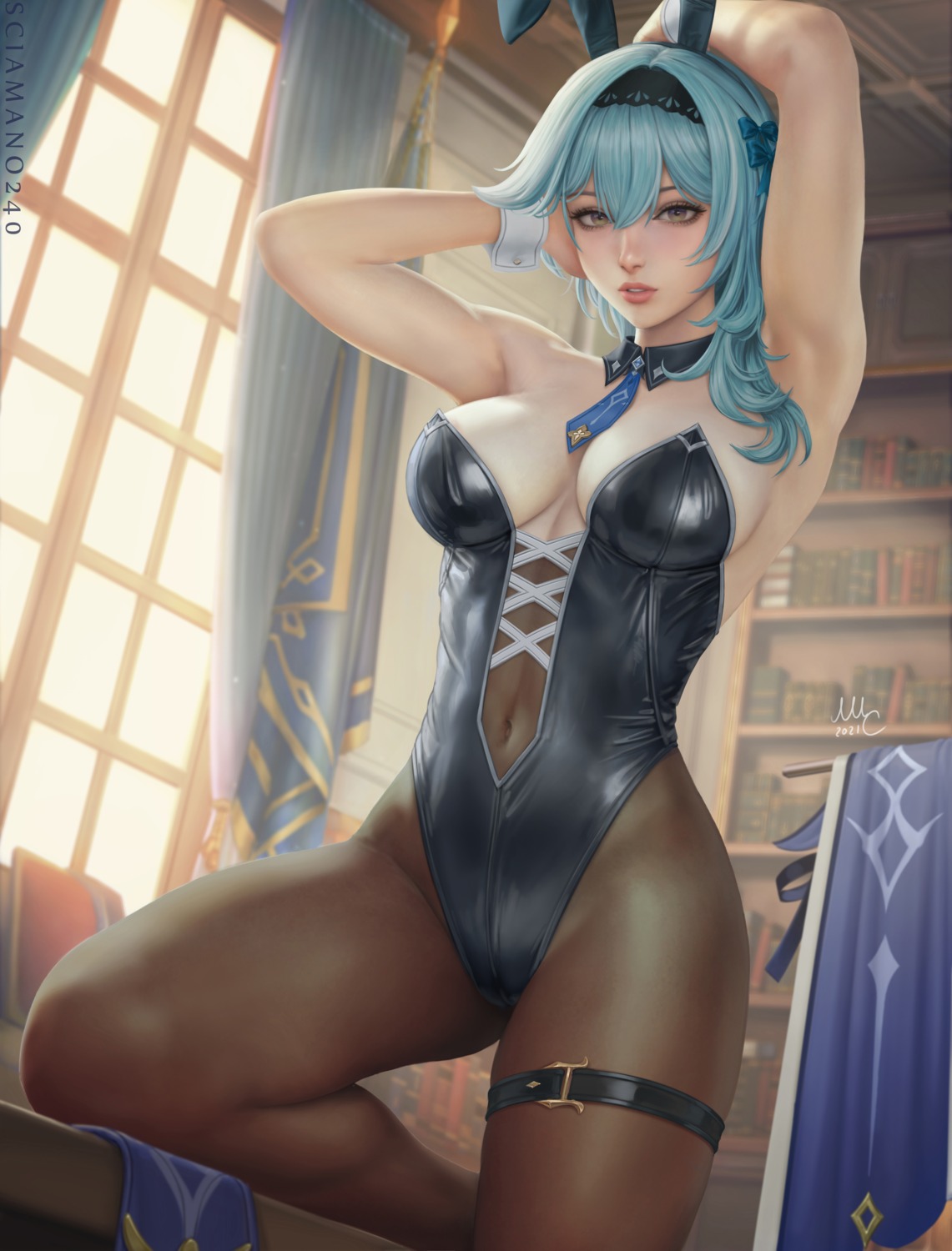 animal_ears bunny_ears bunny_girl eula garter genshin_impact mirco_cabbia no_bra pantyhose