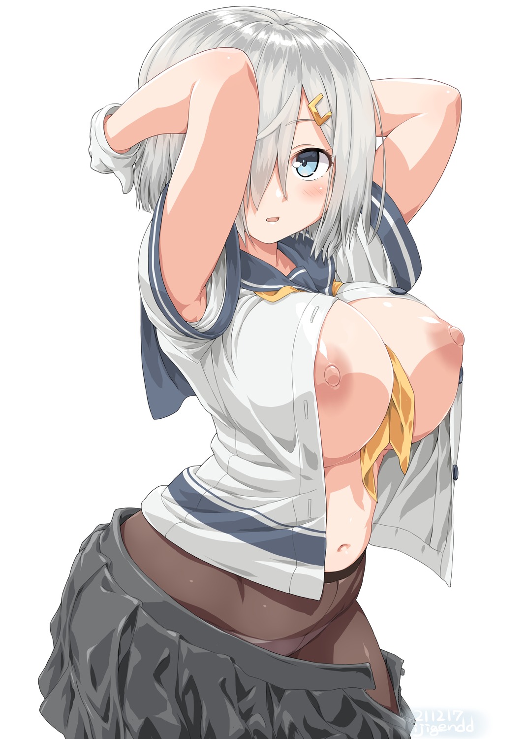 breasts dd_(ijigendd) hamakaze_(kancolle) kantai_collection nipples no_bra open_shirt pantsu pantyhose seifuku