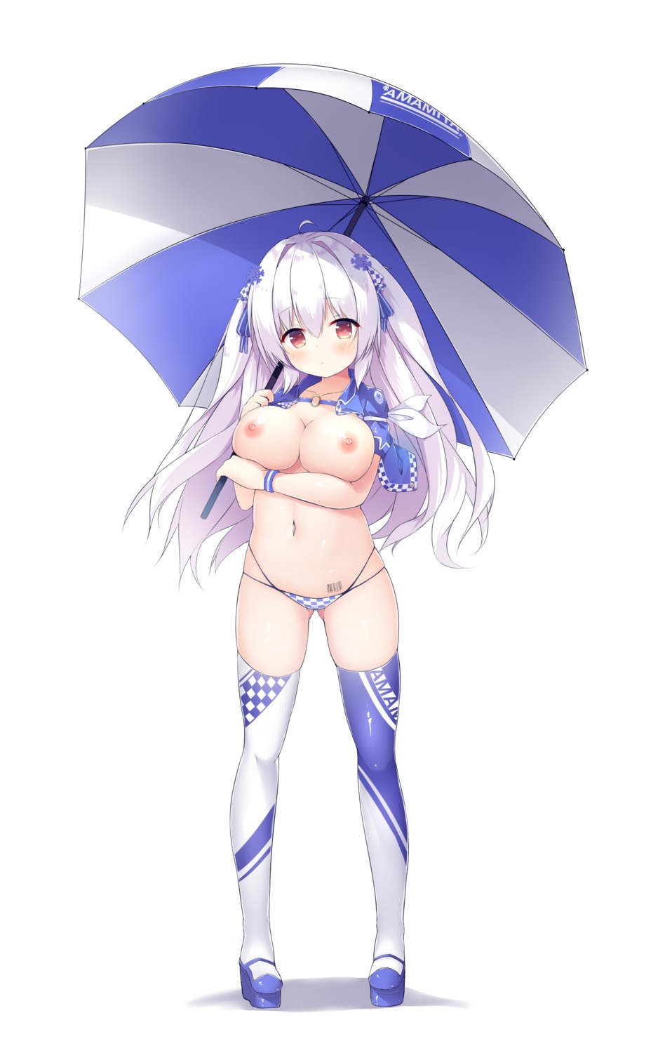 bikini breast_hold breasts jan_(janpx2012) nipples swimsuits tattoo thighhighs umbrella