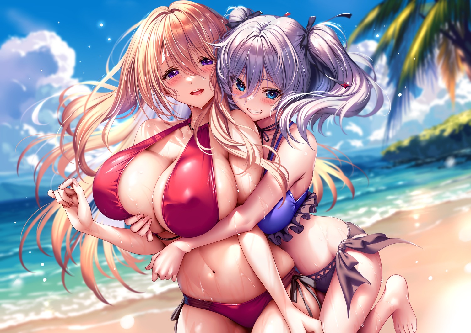 amakano_2+ azarashi_soft bikini breast_grab erect_nipples jigokudani_sara piromizu swimsuits tsutamachi_chitose yuri