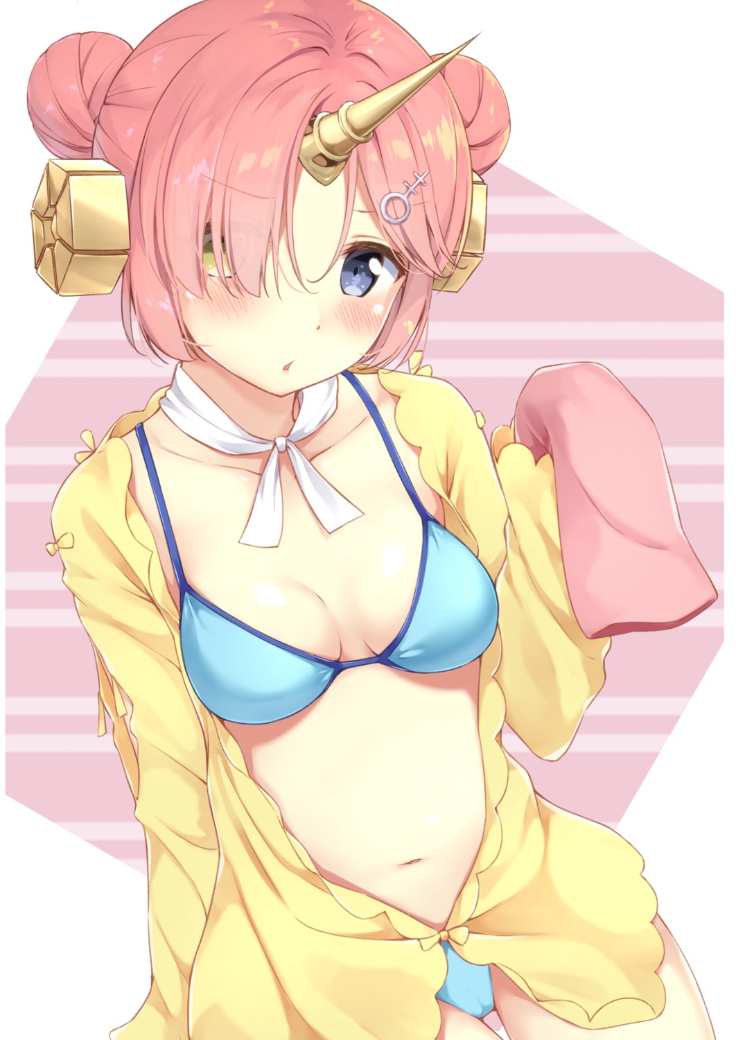 bikini cleavage fate/grand_order frankenstein's_monster_(fate) horns karutamo open_shirt swimsuits