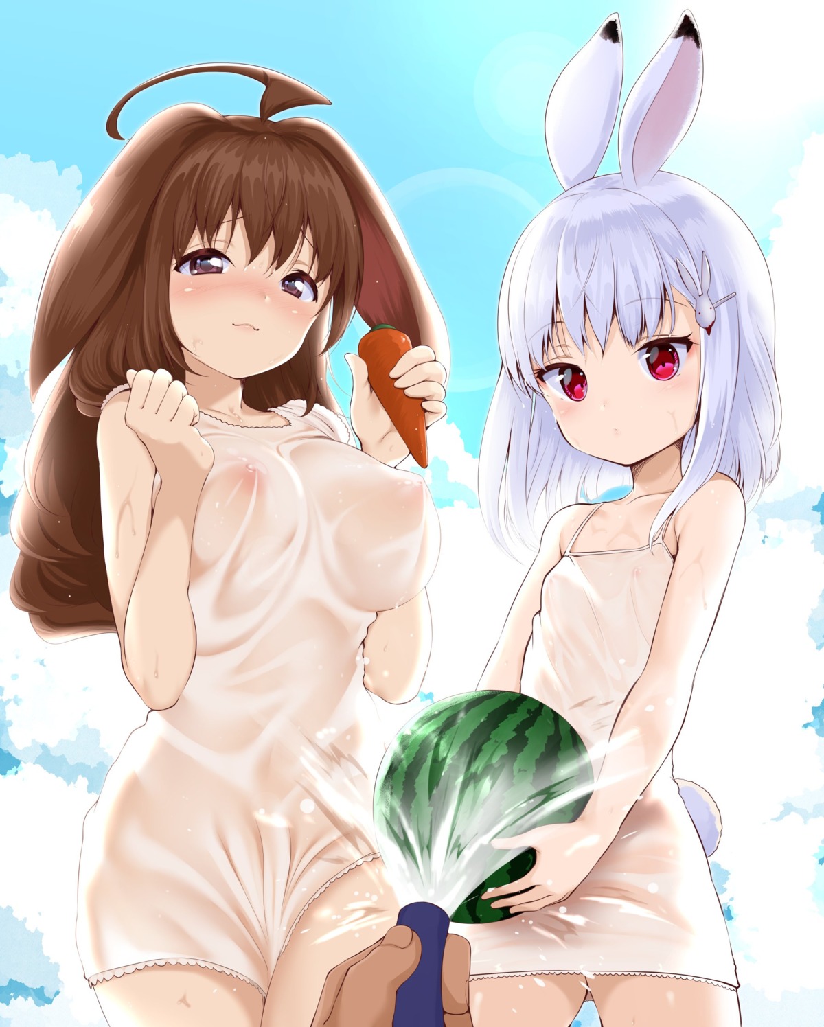 animal_ears breast_hold bunny_ears dress loli miki_plus nipples no_bra nopan see_through summer_dress tail wet wet_clothes
