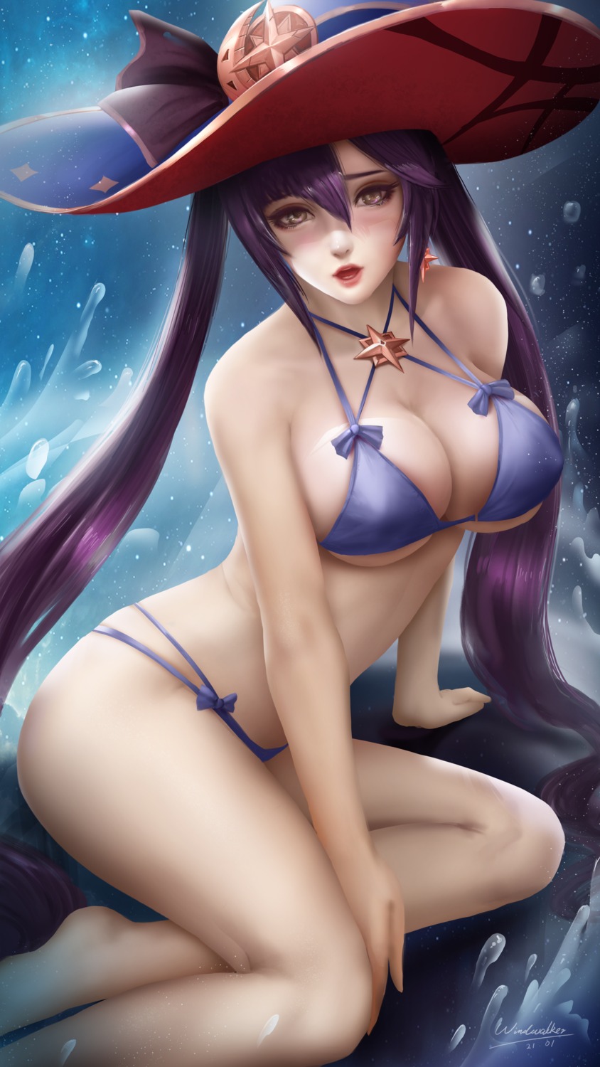 bikini erect_nipples genshin_impact mona_megistus swimsuits windwalker witch