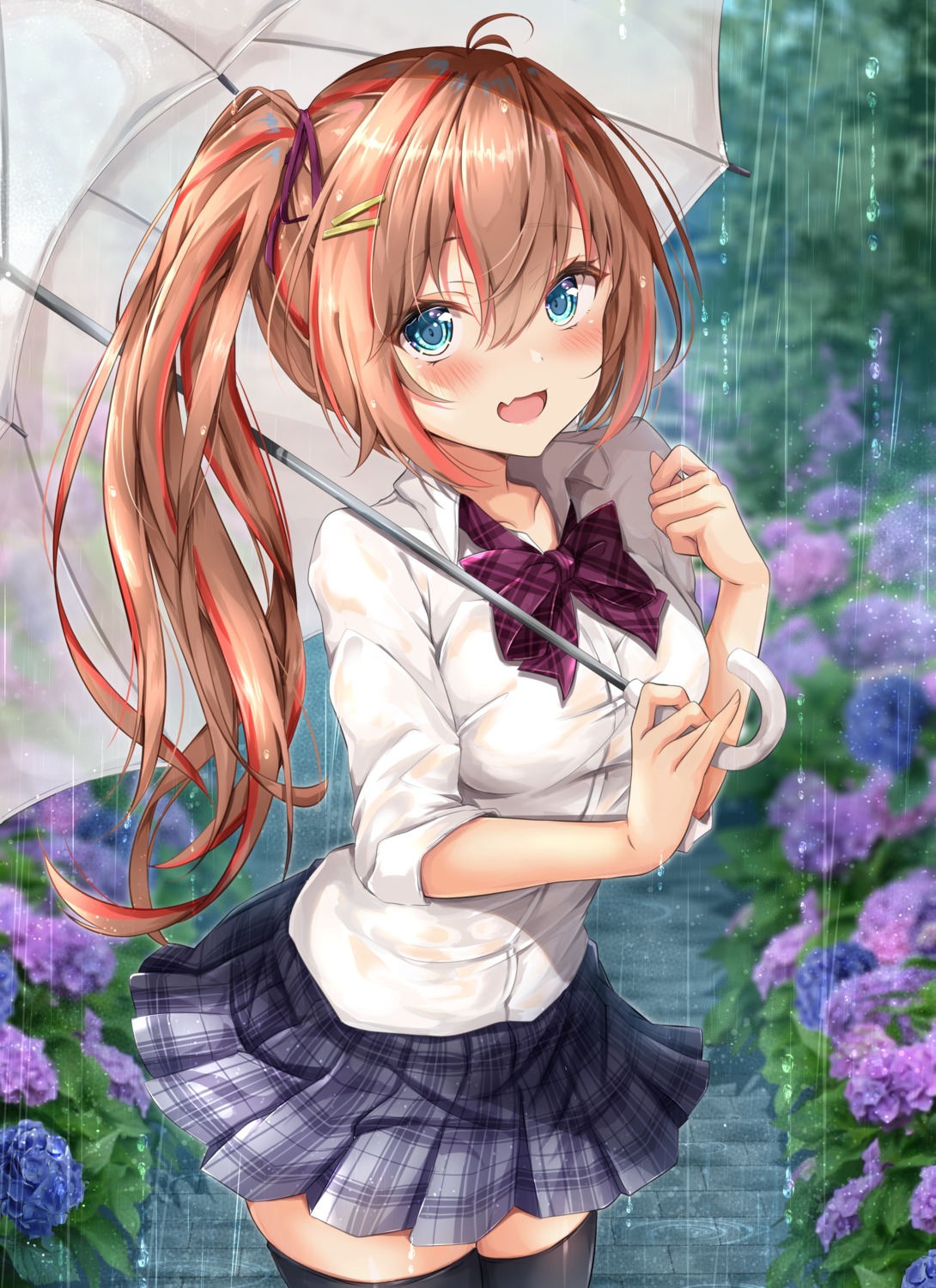 rumiko_(rmeco) see_through seifuku thighhighs umbrella wet wet_clothes