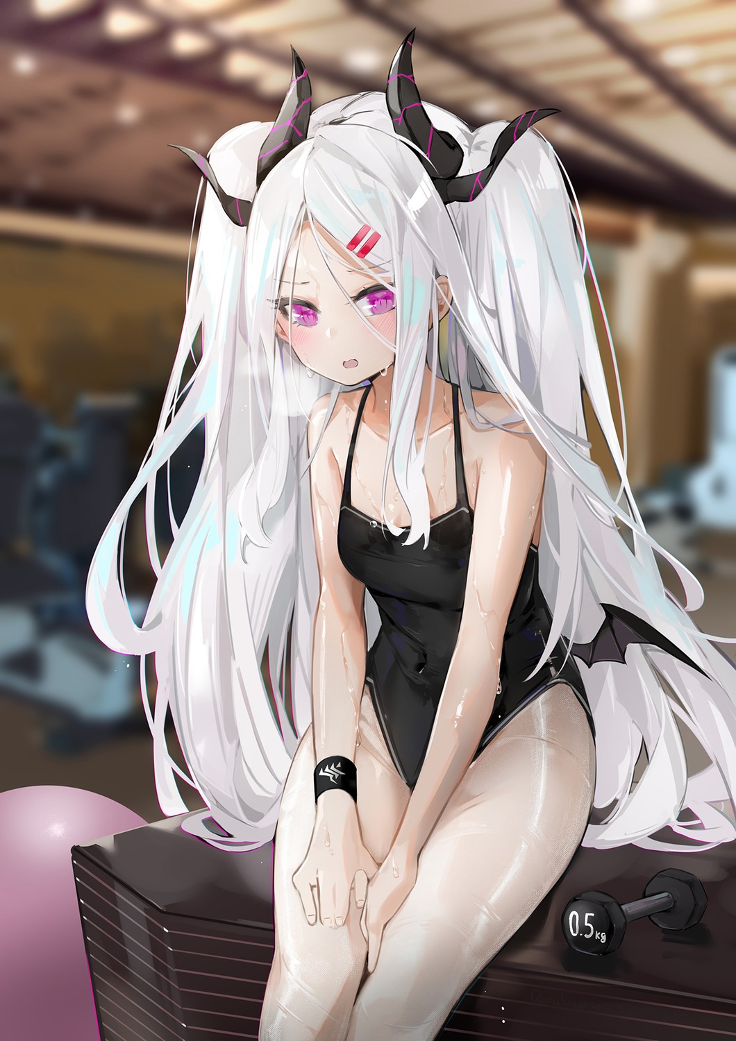 blue_archive cleavage dema_hmw devil horns leotard loli no_bra pantyhose sorasaki_hina wet wings