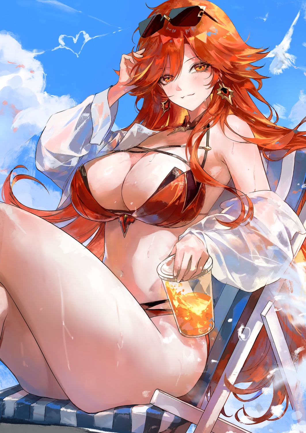 bikini genshin_impact mavuika megane open_shirt see_through swimsuits wet zuco